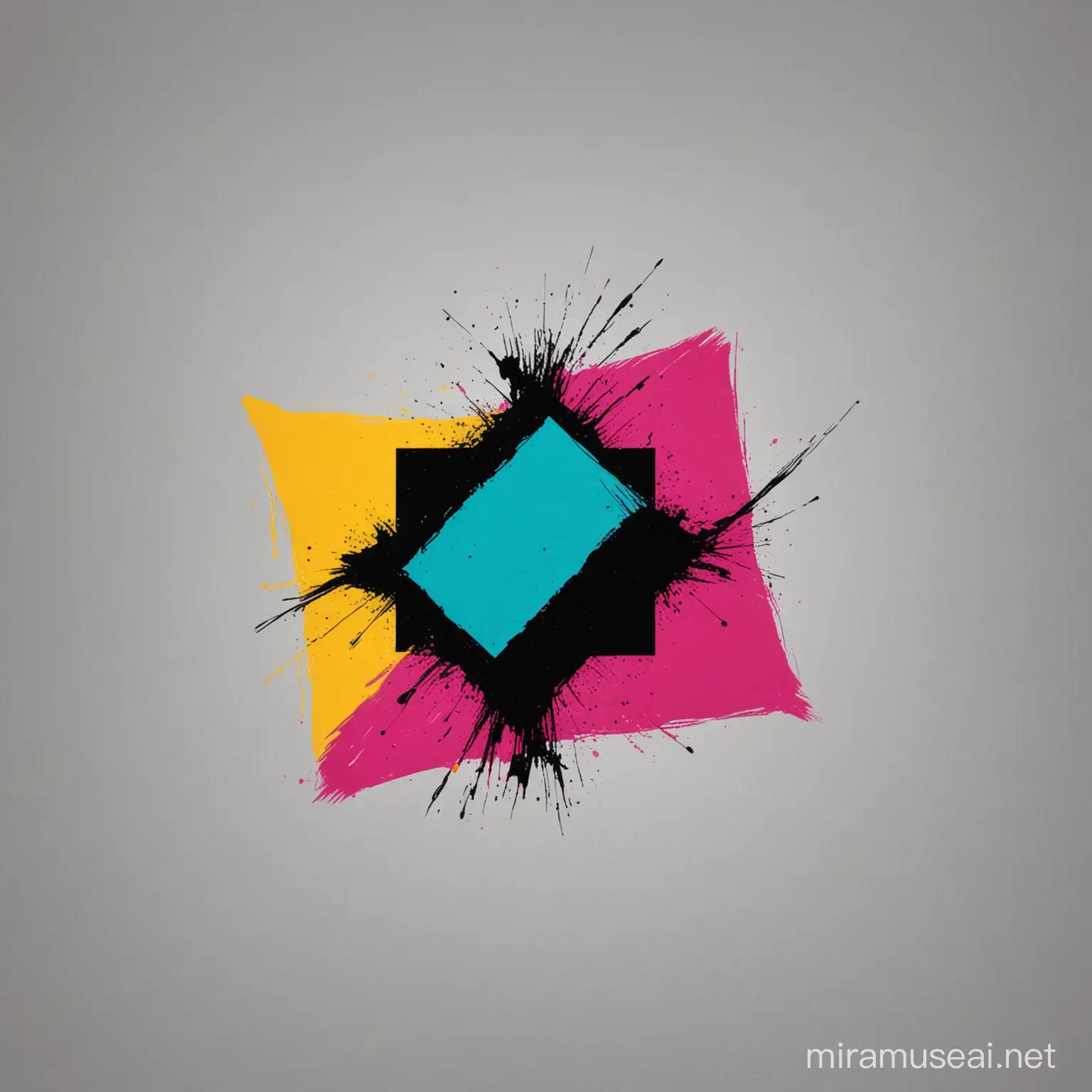 Minimalistic Abstract Graphic with Cyan Magenta Yellow and Black Connected Squares and Brush Strokes