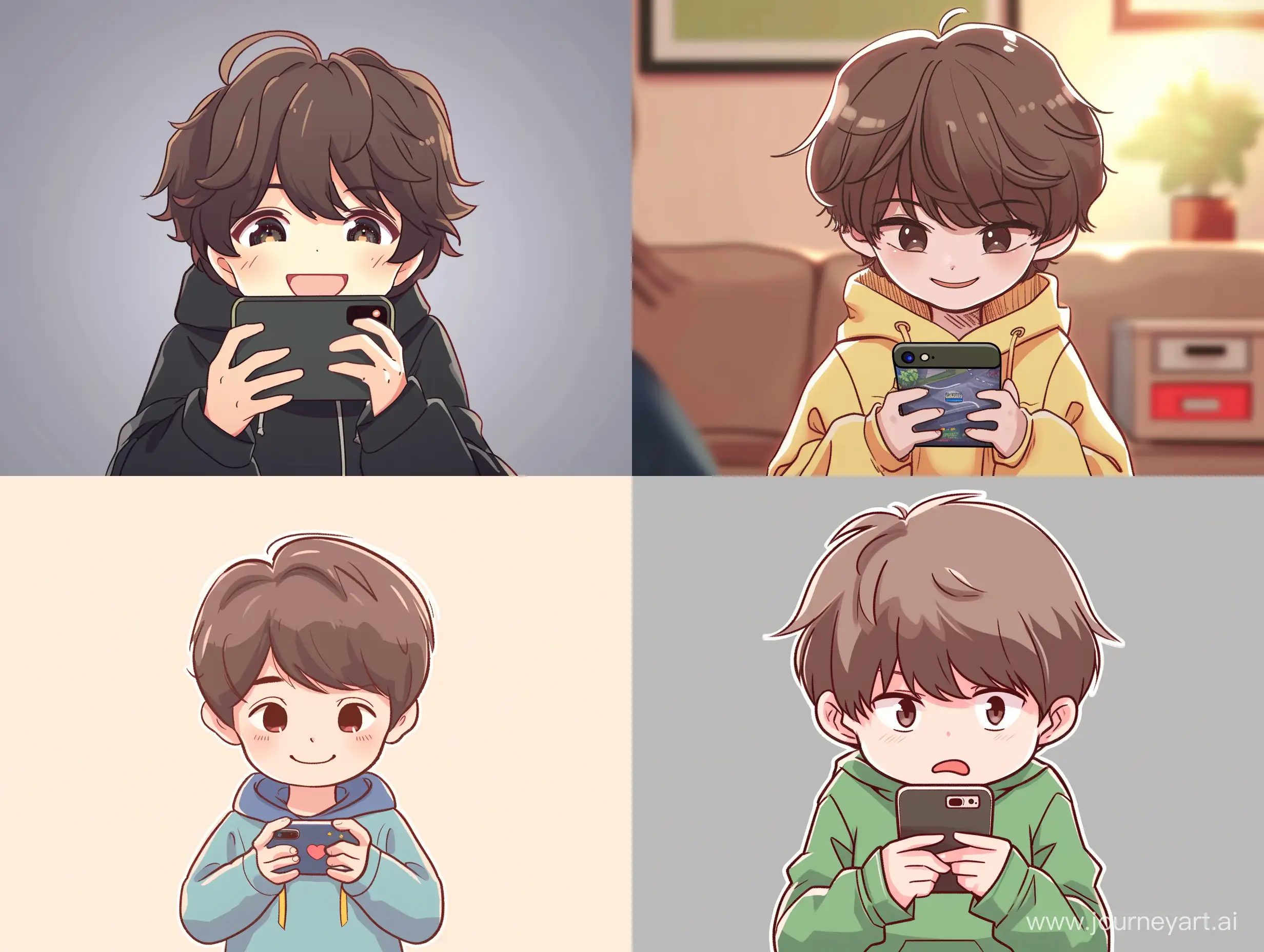 anime style, slightly chibi style, a boy hold a phone horizontally in order to play game, best quality, wide shot, smirk, very confident  --ar 4:3 