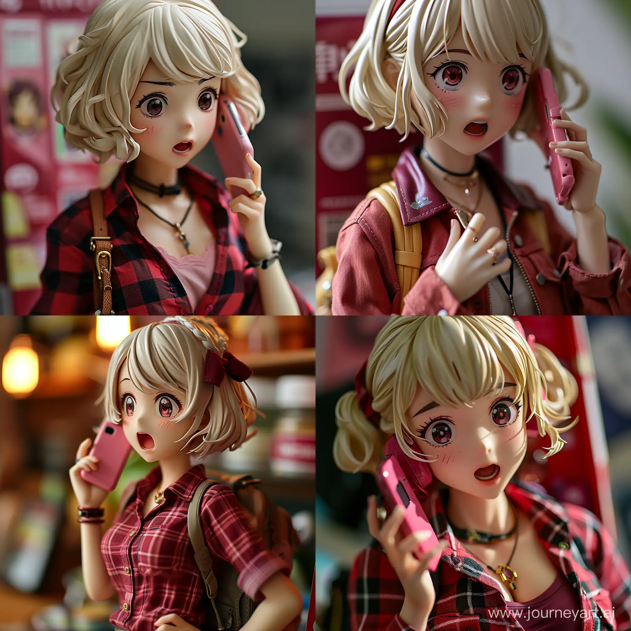 imagine  Chisato Nishikigi from Lycoris Recoil 
 as an ultra limited edition anime figurines in an unopened, sealed retail box, holographic stickers, kawai, talking to a pink cellphone as a pose, blonde hair, burgundy tone hair, surprised or concerned facial expression   --s 750 --v 6