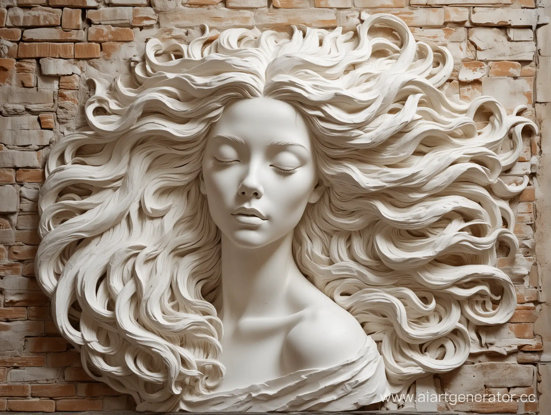 white basrelief sculpture of young dreamy woman with huge flowing hair around with closed eyes on old wall