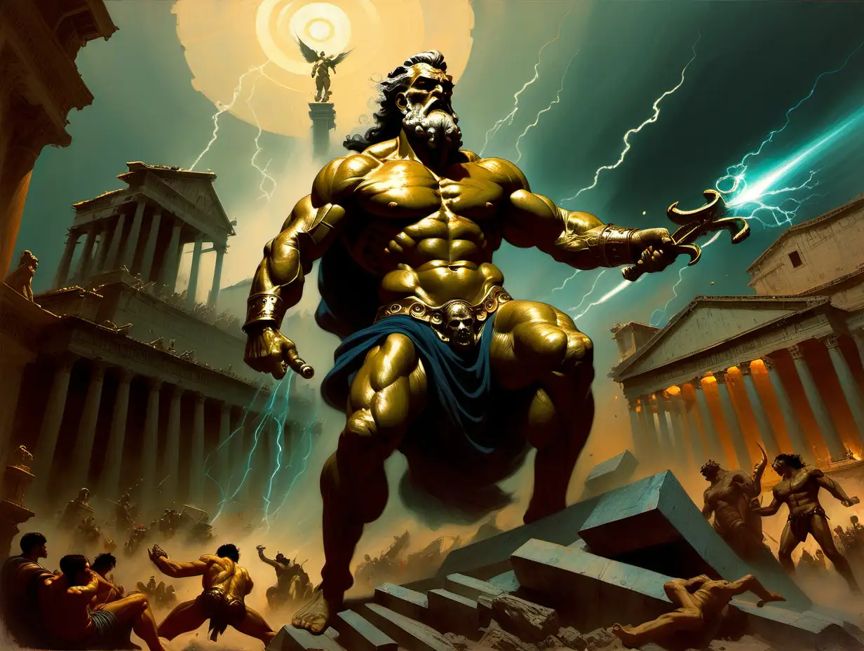 Zeus destroying  ancient Rome in style of cyberpunk by frank frazetta