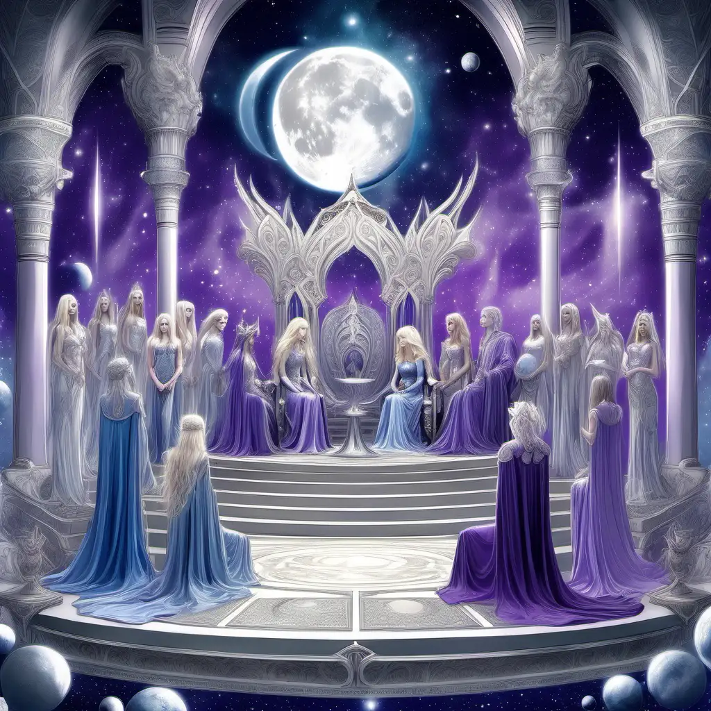 a celestial court based on the moon, dreamy fantasy world, cool colors, blues, purples, white and gray, lunar, silvery, throne, court of  silvery skinned blonde haired people, wonder, kingdom court, ecliptic