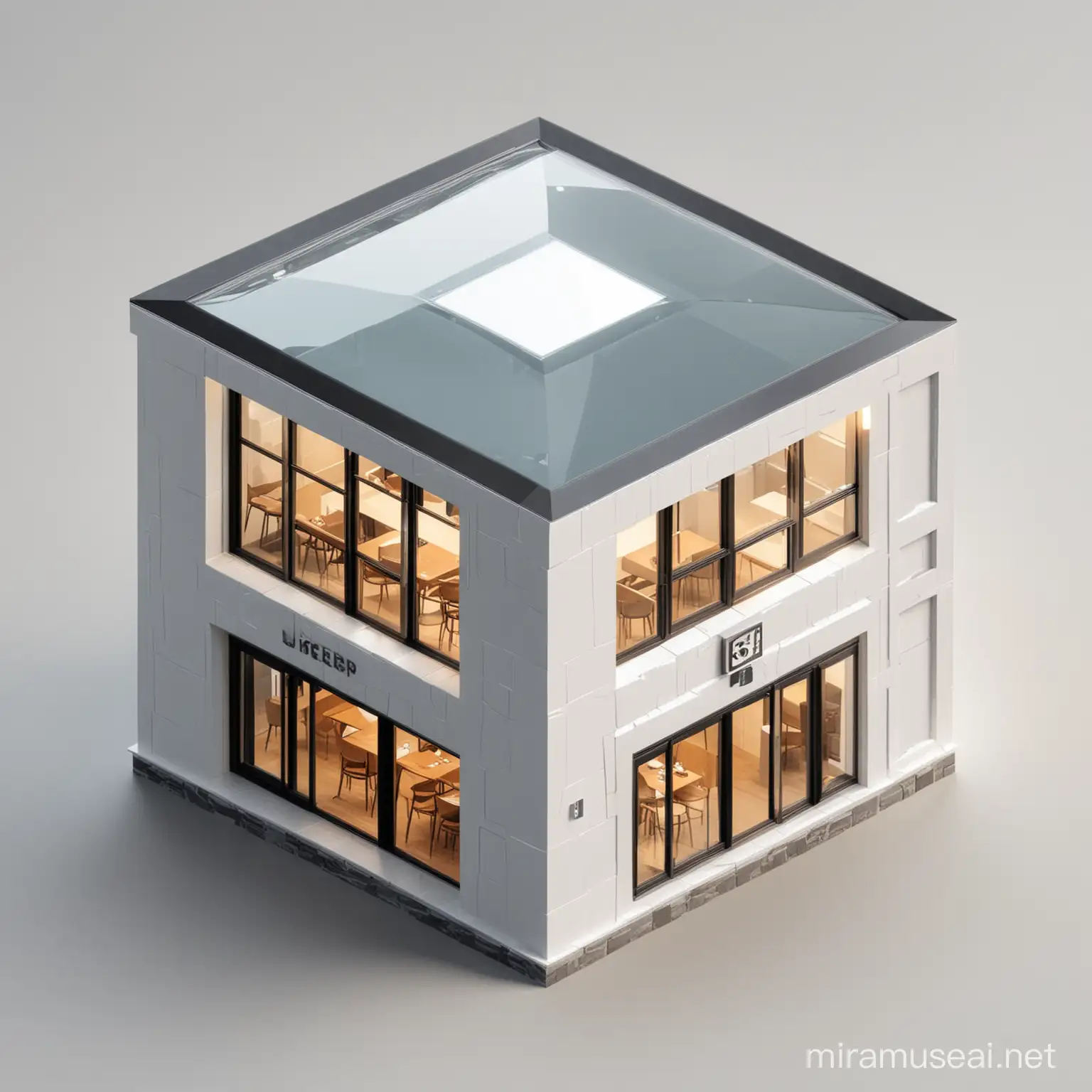 restaurant cube-shaped icon image, isometric icon style, minimalist theme, only 1 door and few windows, glass doors and windows, no walls, black outlines, white walls, company logo on top, details on exterior only, 