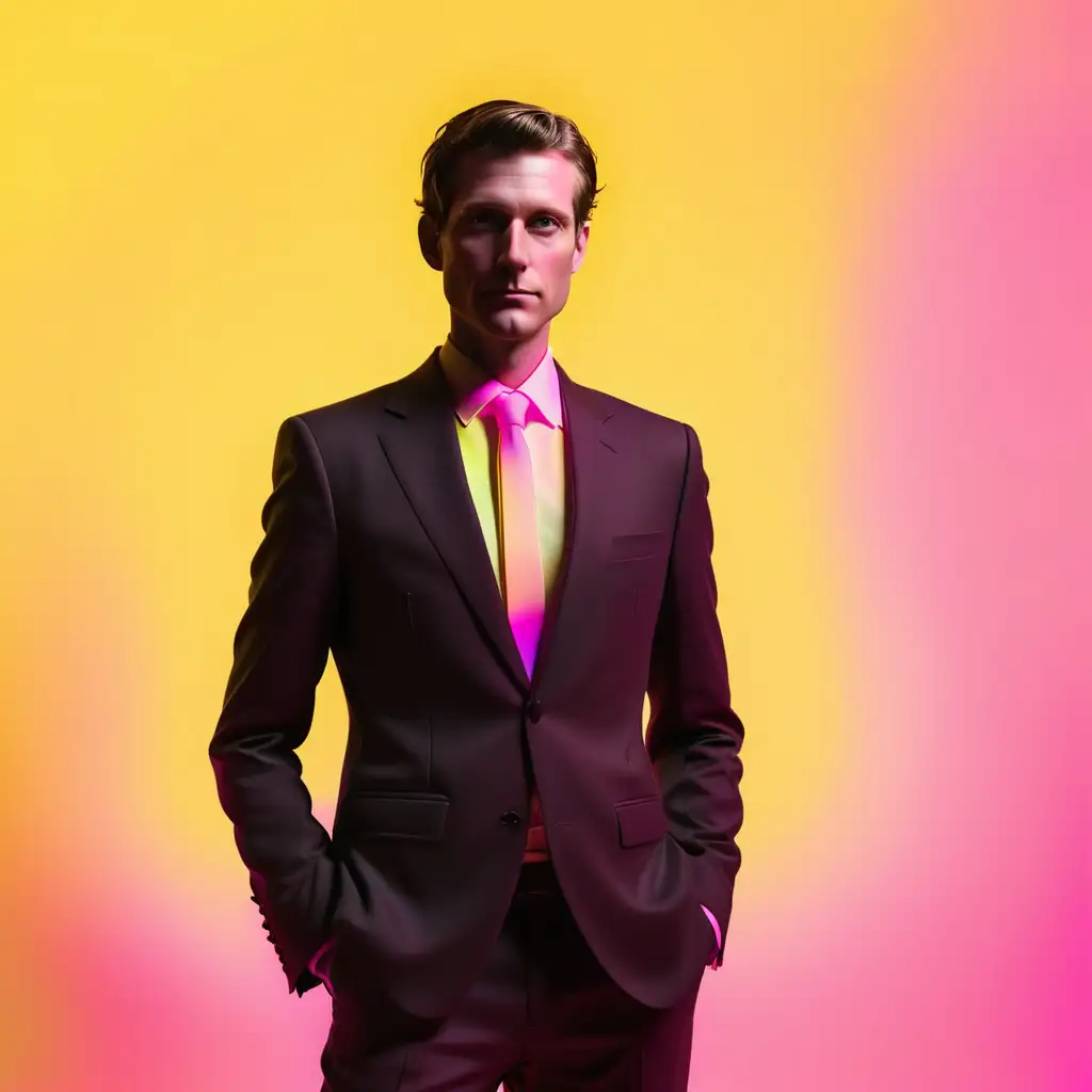 a dark silouette of a white man in a suit in front of an instagram gradient (yellow-pink) gradient glowing background