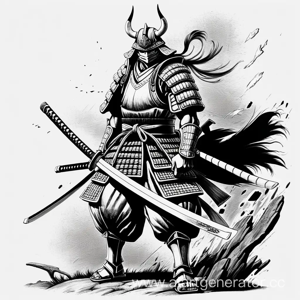Создайте описание эпического самурая в стиле аниме черно-белой графики. Этот самурай должен быть изображен как непобедимый воин с блестящими навыками мечевания и глубокой мудростью. Он должен стоять вдалеке, прямо перед тем, как начнет свой взмах. Его внешность должна быть величественной, с длинными черными волосами, одетым в традиционную самурайскую броню с символикой дракона. При этом, на его броне должны быть видны пятна крови и потертости от предыдущих сражений. Пожалуйста, опишите его характерные черты и физический облик в подробностях, при этом убедитесь, что лицо скрыто маской. Он должен держать катану в ножнах, готовясь к эпичному взмаху. Цель - создать эффектное и впечатляющее визуальное представление с элементами "берсерк", включая кровь и следы сражений
