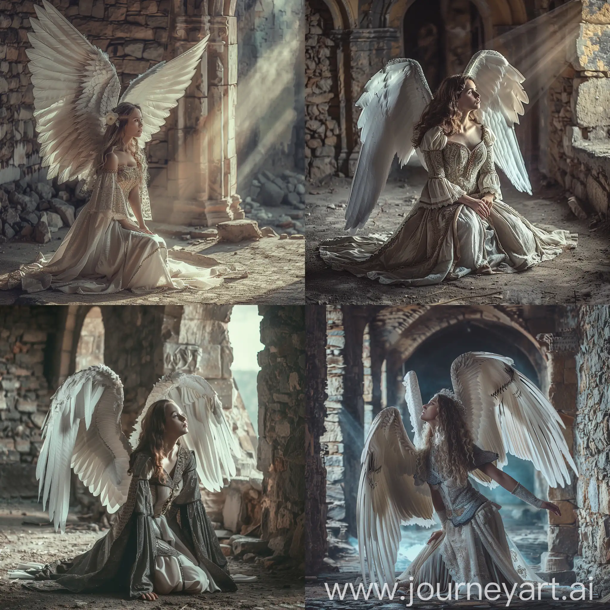 A beautiful Angel woman  with large white wings and  medieval dress on her knees in a ancient stone castle. . Emotional cinematic scene using grayish dark tones and muted colors, god ray
