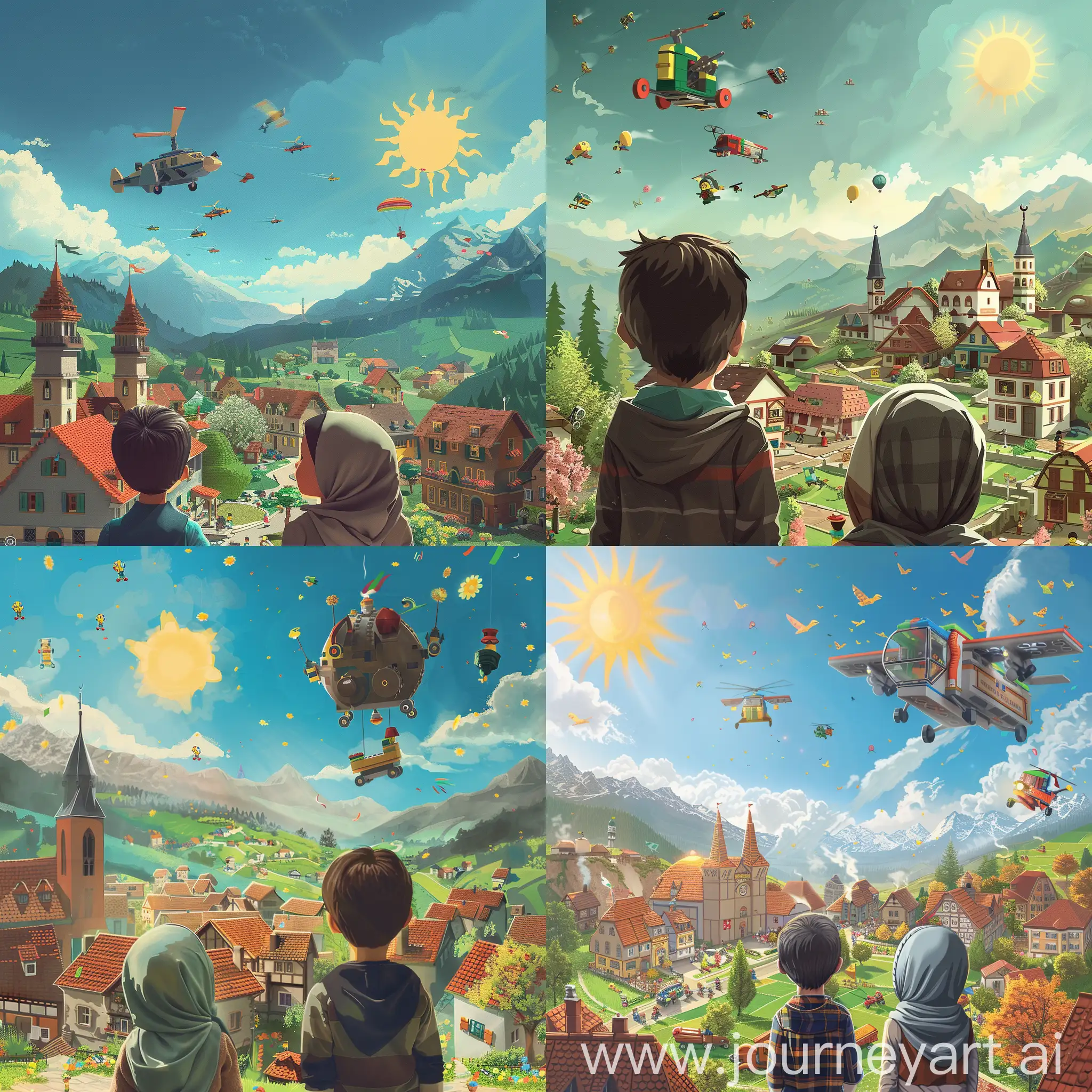 Children-in-Hijab-Admiring-Toy-Townscape-with-Flying-Toys-and-Mountain-View