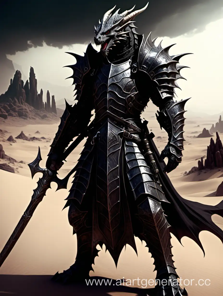 A dragon-man in heavy armor, black scales, staff in hand, an evil character, dark fantasy, paladin, priest, dungeons and dragons, desert, harsh survival conditions, 