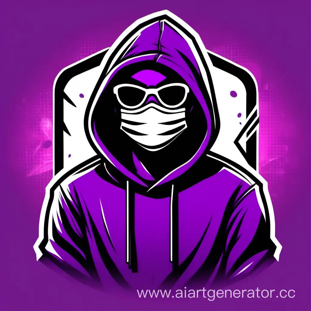 логотип ютуб канала человек в капюшоне и в маске в стиле  комиксов фиолетовые и черные цвета