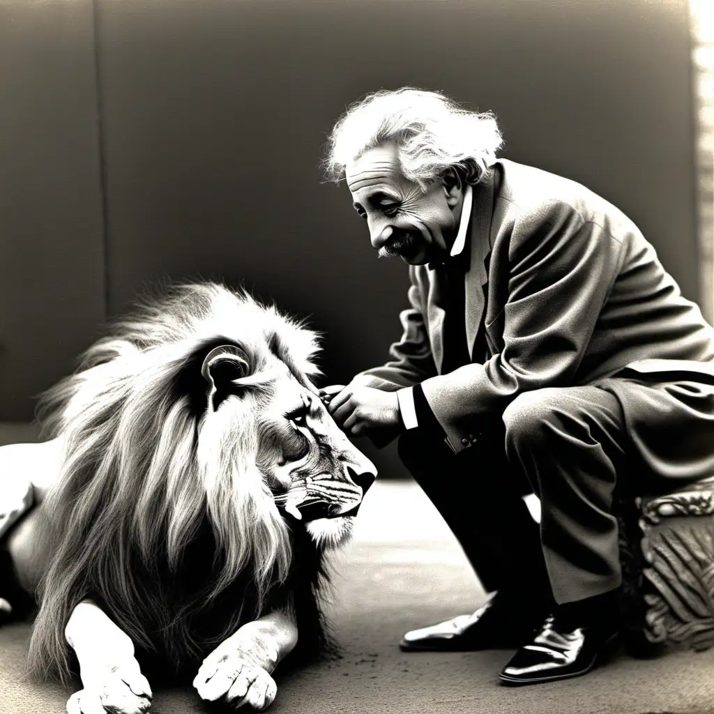Albert Einstein petting a lion with a crown