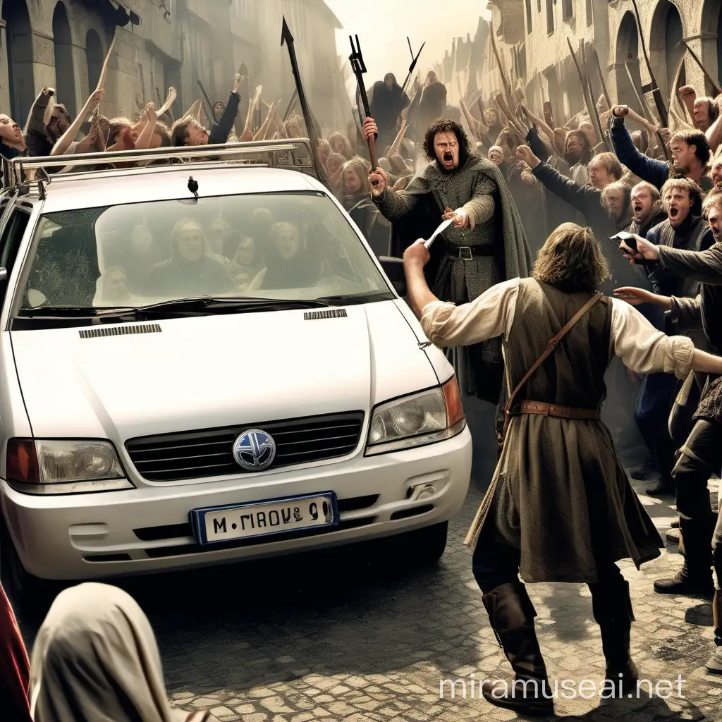 A medieval Style picture of a man in Front of an angry mob. The man hold a Mobile Phone in His left Hand. In the Back of the picture is a White Transport car