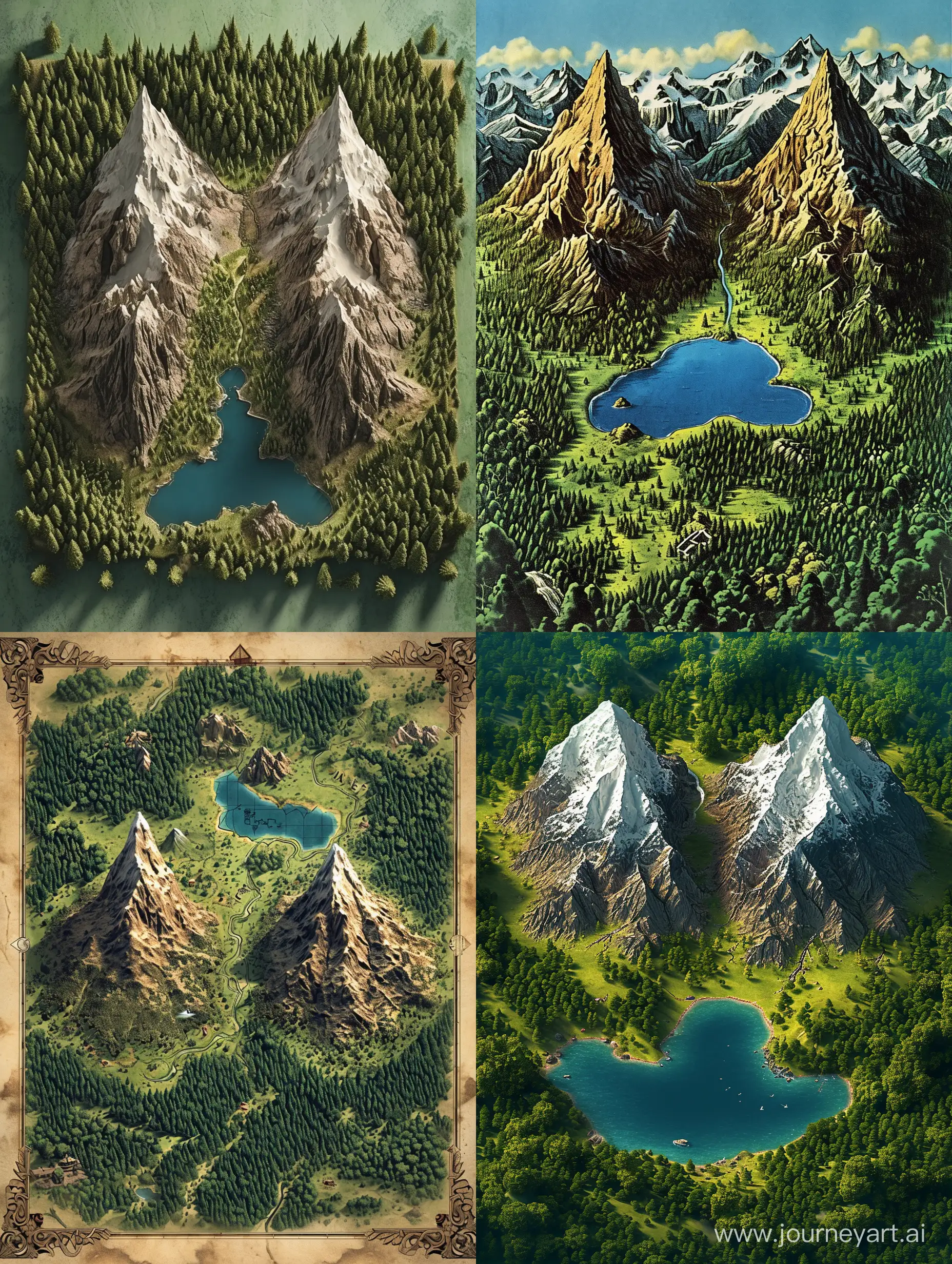 карта мира, в центре две горы, между ними озеро, вокруг этого места лес