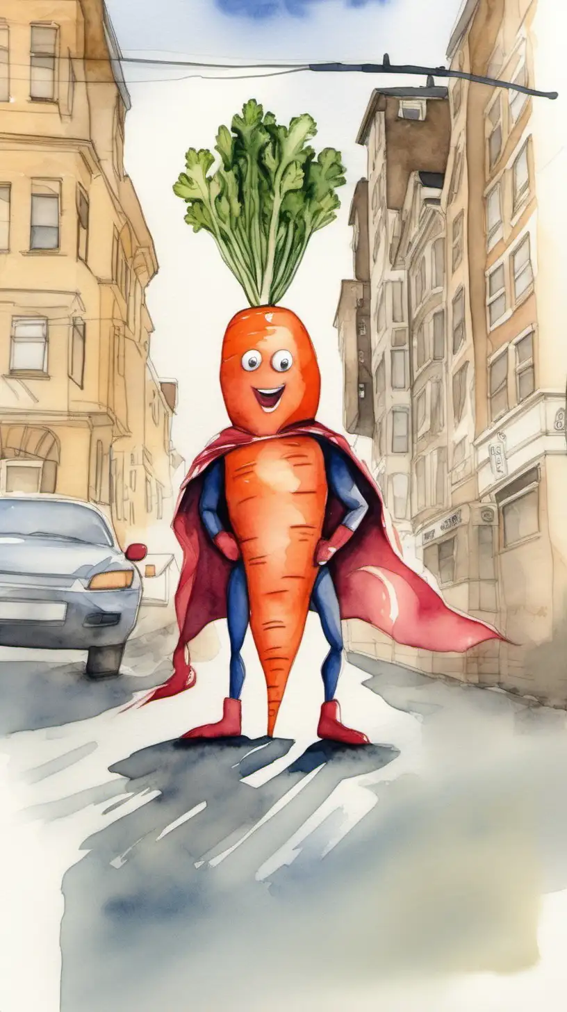 Whimsical Watercolor Illustration of a Carrot Superhero Patrolling a Vibrant Town