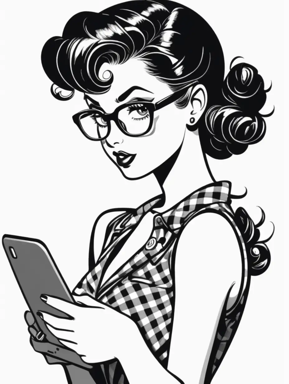 cute dark haired cartoon style pin up girl wearing glasses online shopping. Black and white image. 