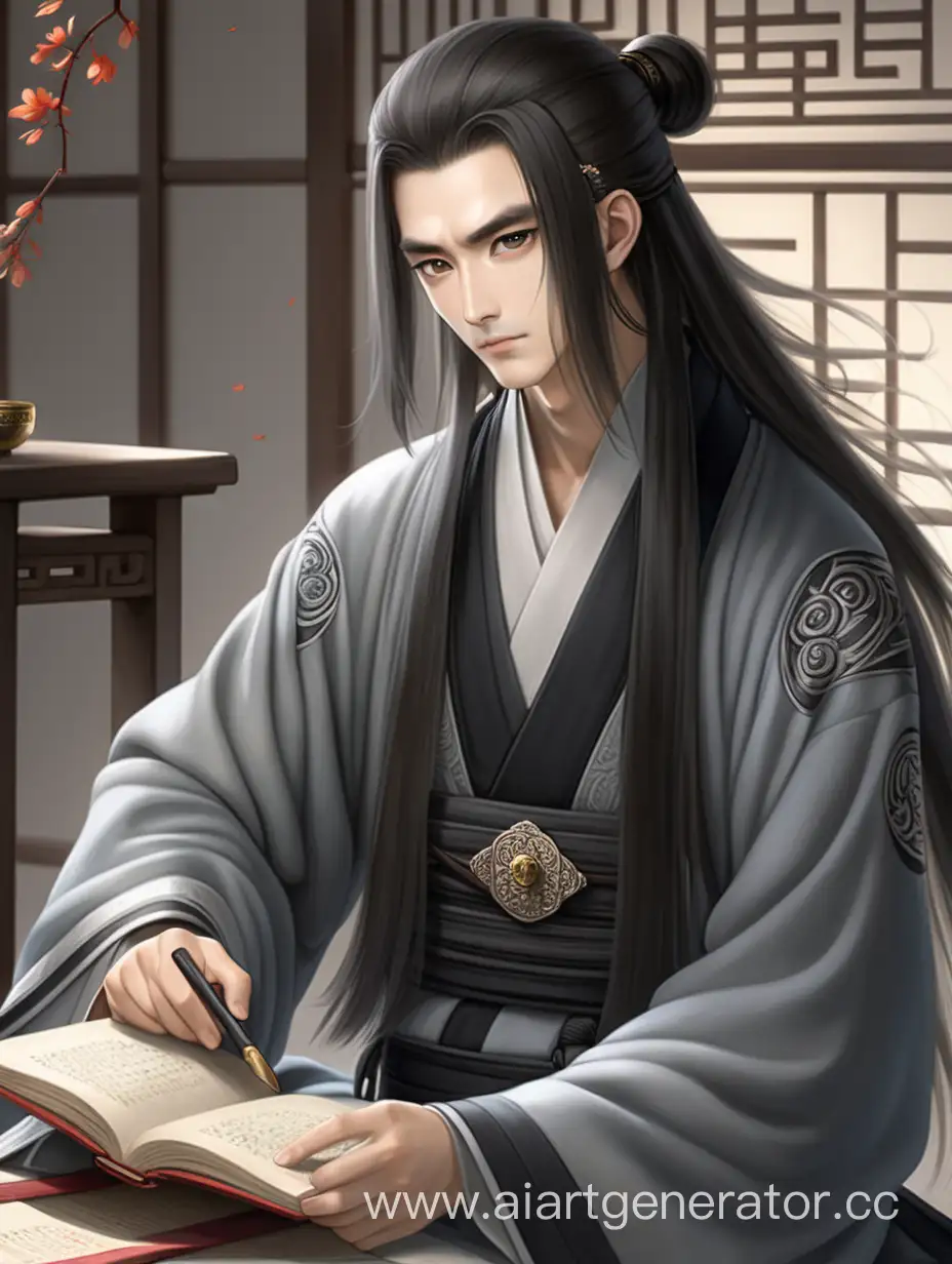 Serene-Scholar-Young-Man-in-Traditional-GrayBlack-Hanfu-Reading-Scroll