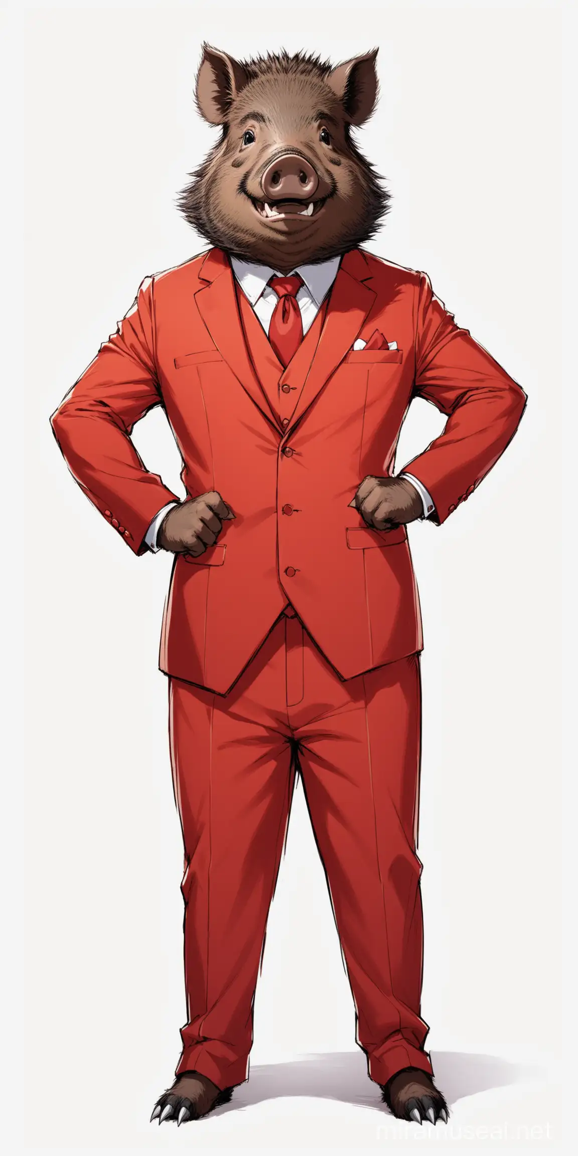 Wild Boar Dressed in Red ThreePiece Suit Smiling