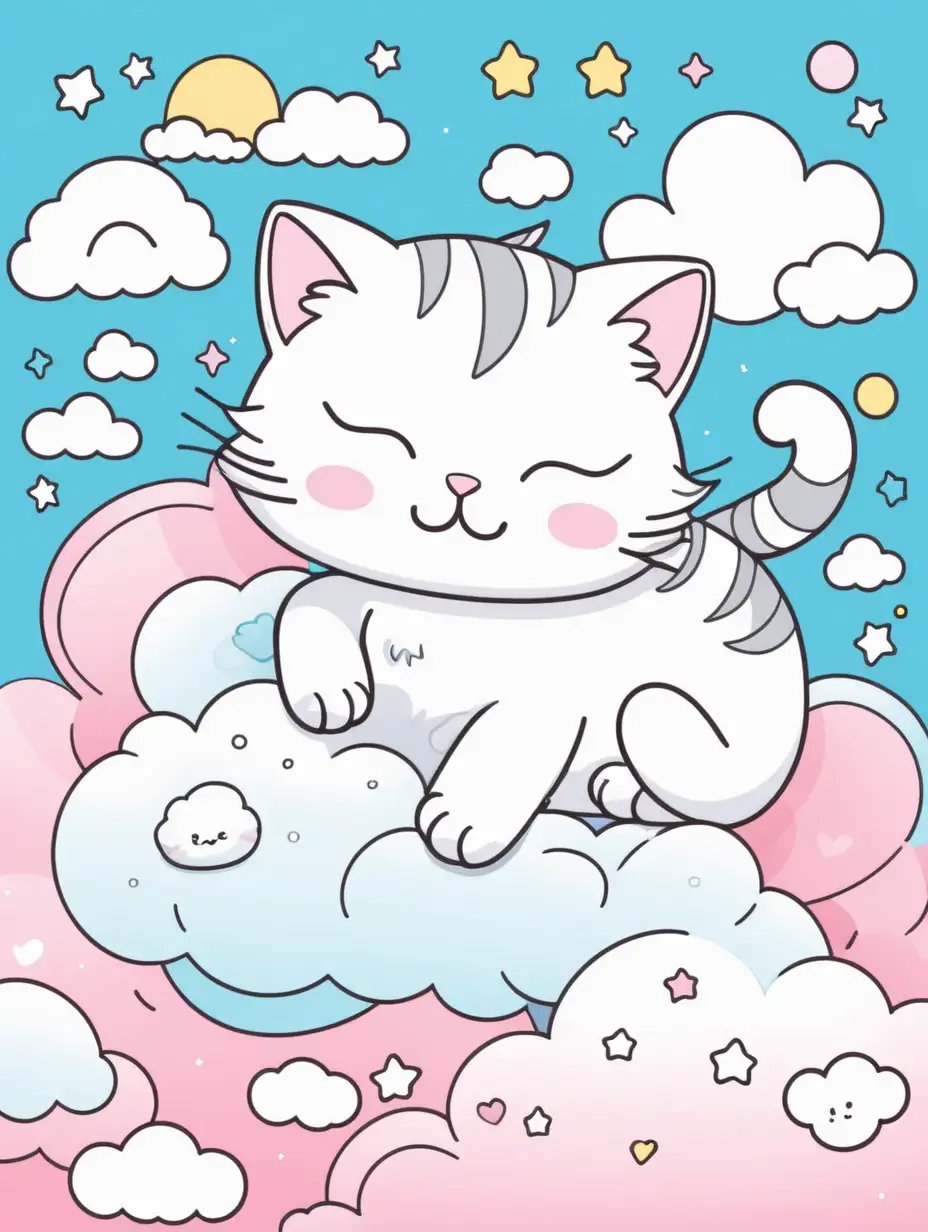 coloring book cover for kids with a cute chibi kawaii cat sleeping on a cloud, pastel ,vivid color