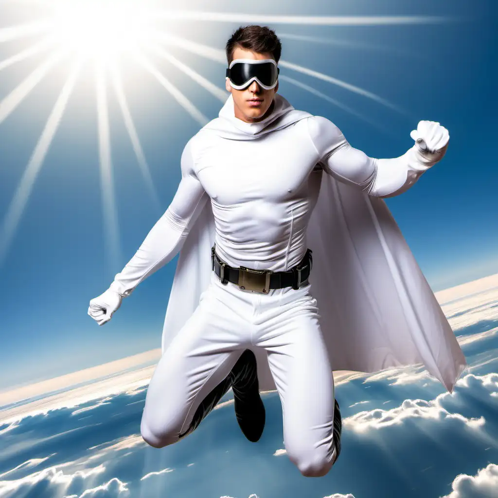 fit muscular young man, skintight white costume, metal visor over eyes covering eyes, boots, gloves, cape, utility belt, flying in the sky