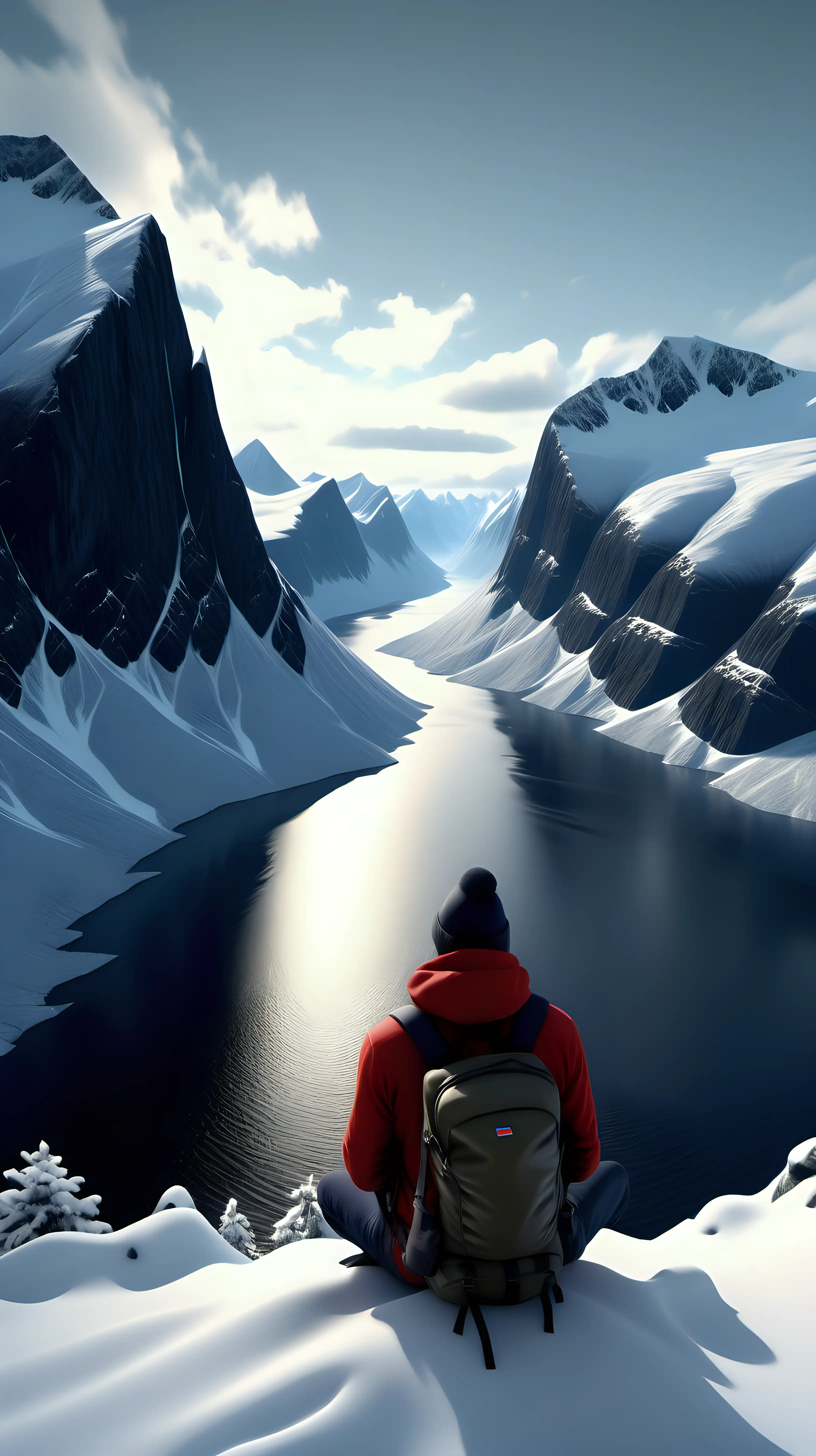 create a Norwegian deep fjord with mountains on each side, realistic and textured, snow landscape, foreground a snowy peak with a silhouette of backpack guy sitting, bald with beanie, 1080p resolution, ultra 4K, high quality, volumetric light