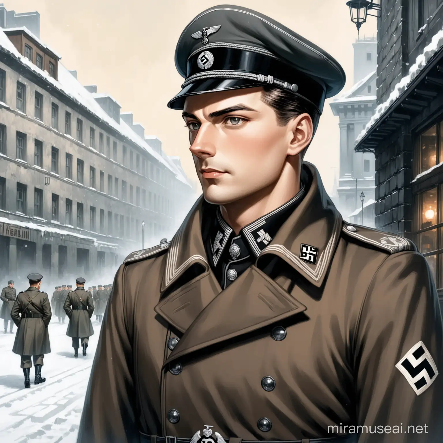 A handsome German SS officer in WW2, semi-realism art-style male in almost semi-anime-like, late thirties. Dark as coal hair combed to the side. Trench coat with a swastika armband, Nazi cap. Gunmetal gray colored eyes. Standing, half body view, at Berlin bar 1940s in winter.