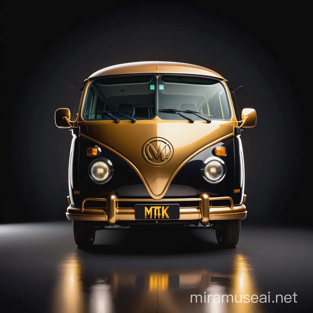 The design of a golden minibus logo with a black background with the word "MTAK" written in the middle of the logo in gold color with Latin font.
