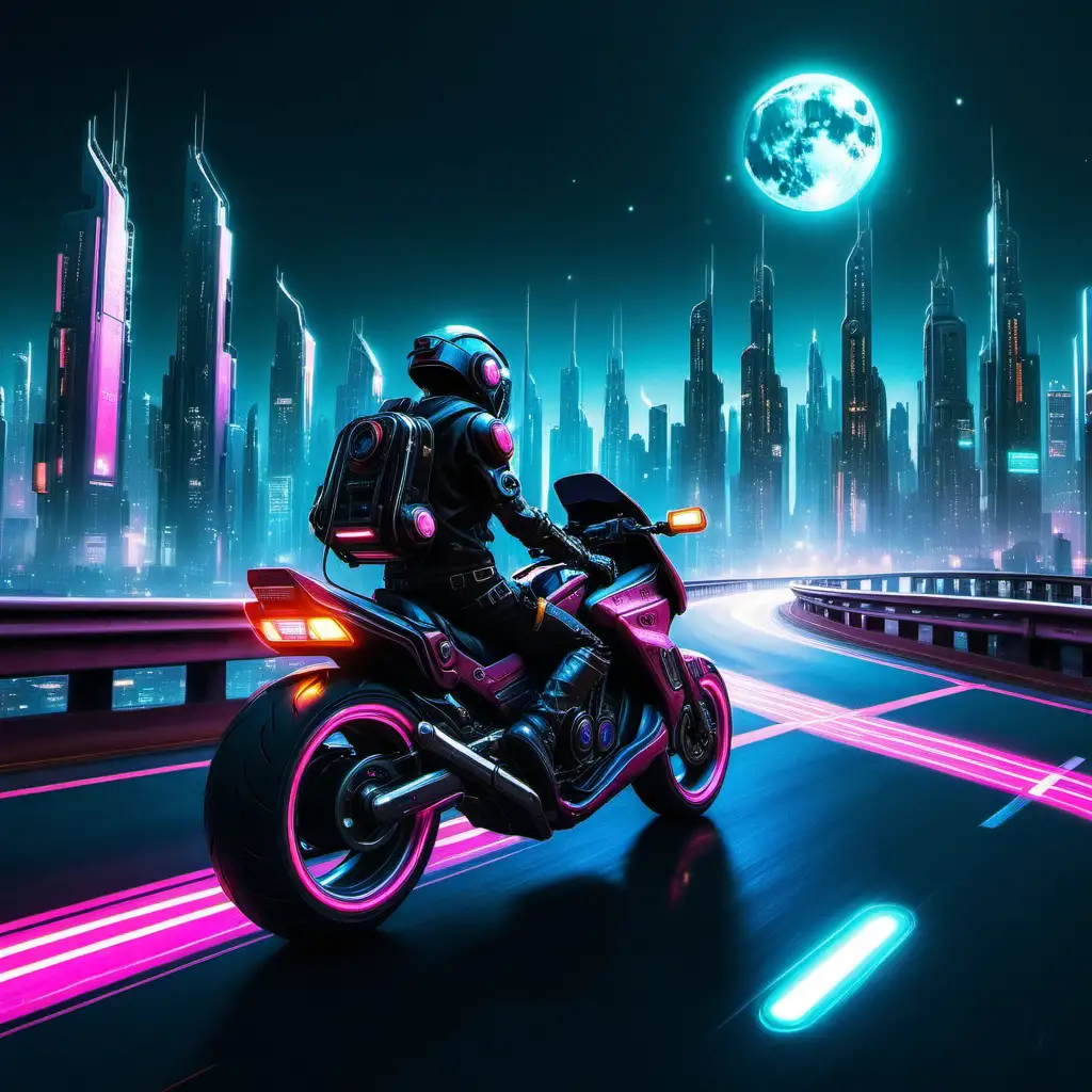 A vibrant cyberpunk city aesthetic:: a person riding a cyberpunk motorcycle on a highway heading into the the heart of city:: add a few small moons in the night sky::add a light trail coming from the rear tire of the motorcycle.