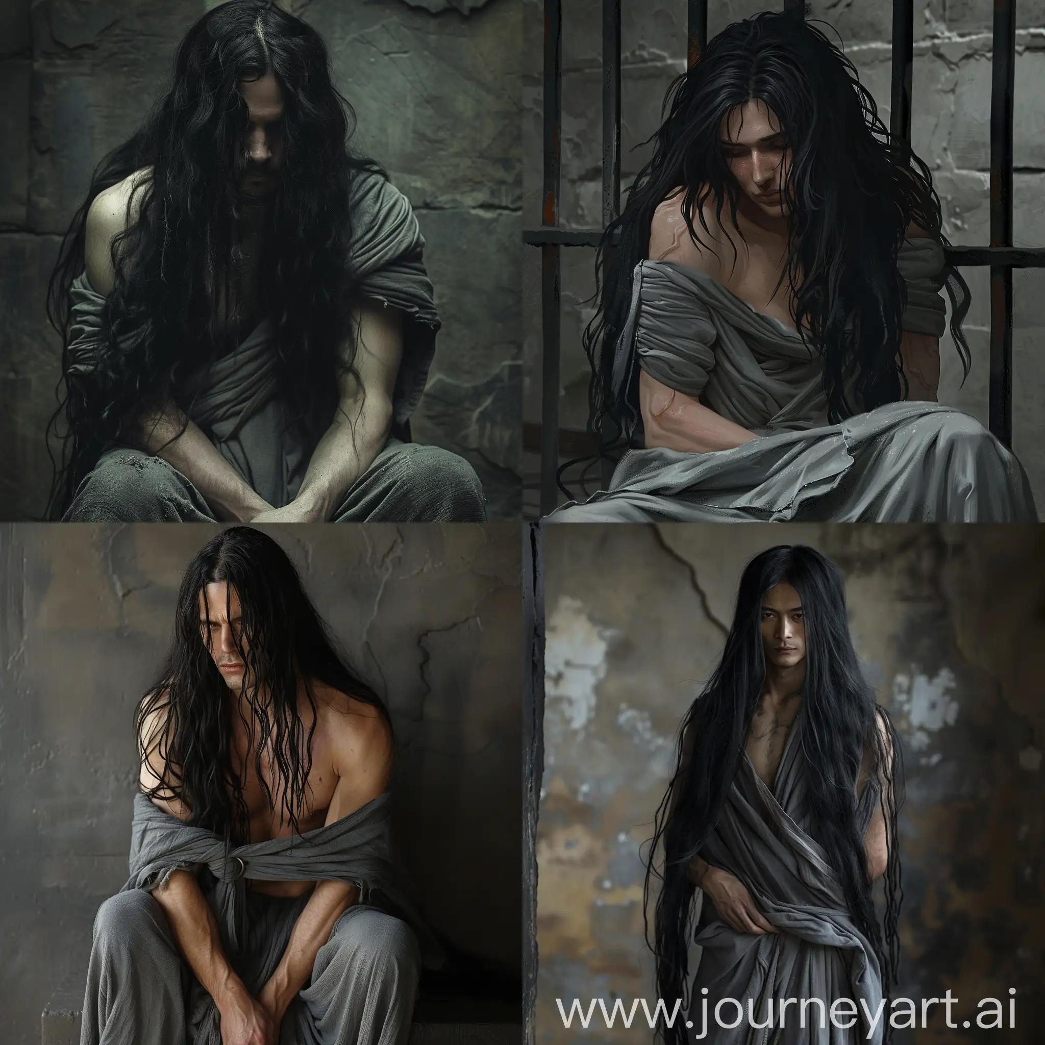 dnd dark fantasy theme prisoner with long black hair,wearing grey cloth