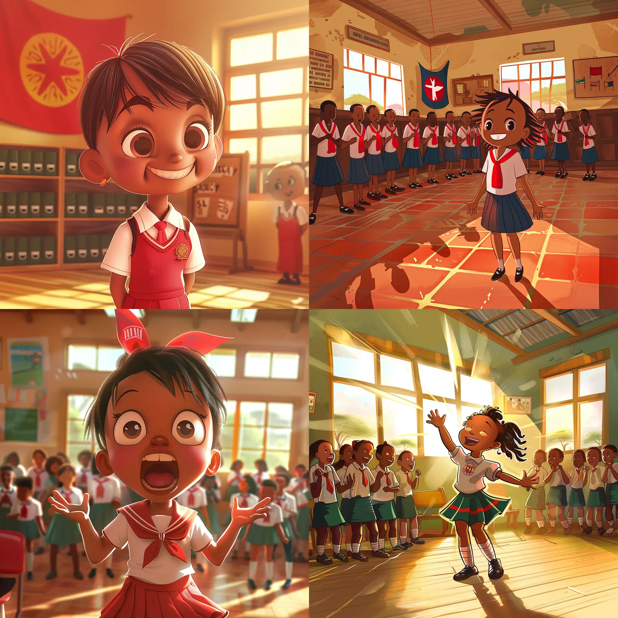 sunny morning, a bright and curious little girl, 10 years, on her daily adventures, in school, lively assembly, where the students sang the national anthem with pride and recited poems, setting in Kenya, cartoon.