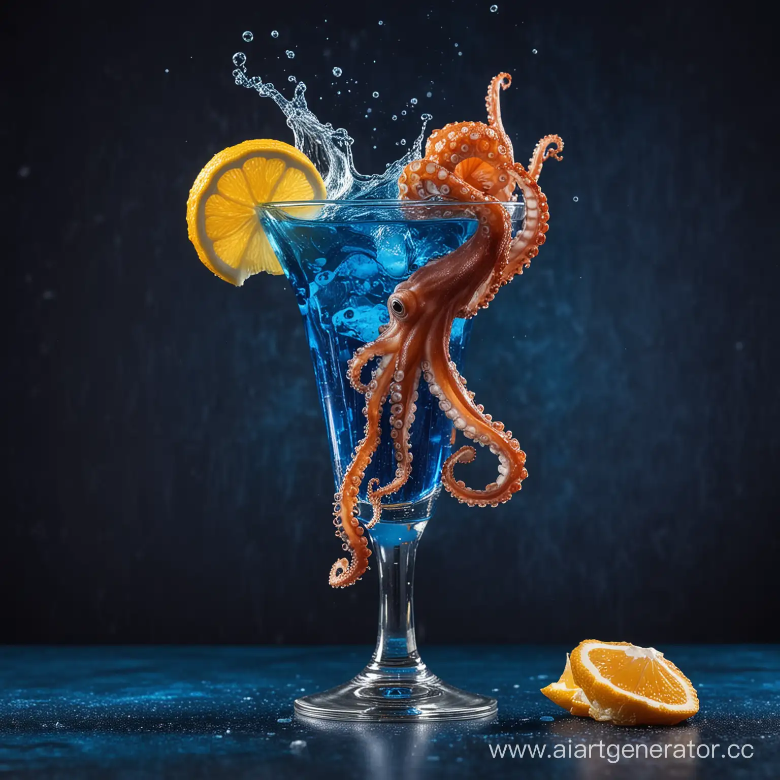 коктейль в красивом бокале на темно-синем фоне а рядом с ним осьминог и брызги 