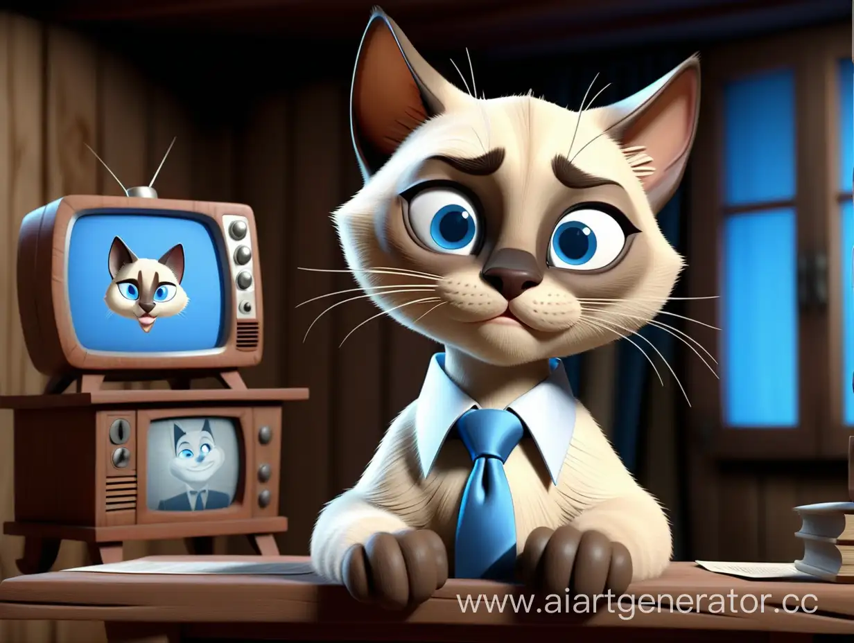 Cute Siamese male cat antropomirphic with white collar and blue tie, reading the news in carved rustic wooden tv studio. Very detailed 3D animation image in disney studio style. A little bit fluffy face and very cute expression. Realistic soft daily light. 