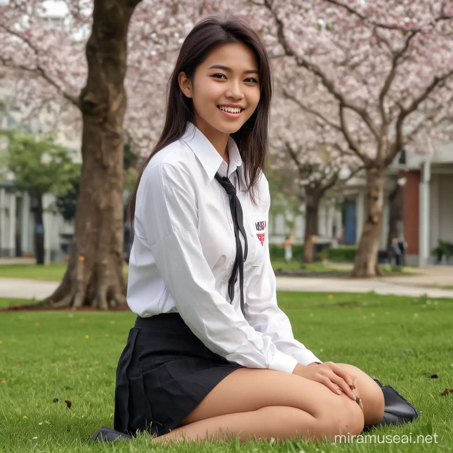 Javanese indonesian girl, 19 years old, beautiful and sexy, attractive lips, damaged clothes, tall figure, bright sweet smile with exposed teeth, huge breasts, sitting on the lawn, sideways, ((wearing indonesian srnior high school uniform, white shirt uniform, grey skirt, black loafers, open shirt)), (perfect body)), ((cherry blossom park)), most unique details, sharp face (details: 1.2) realism, perfect lighting, xyzabcsweater23, veronika_body, (six pack: 1.3), full body