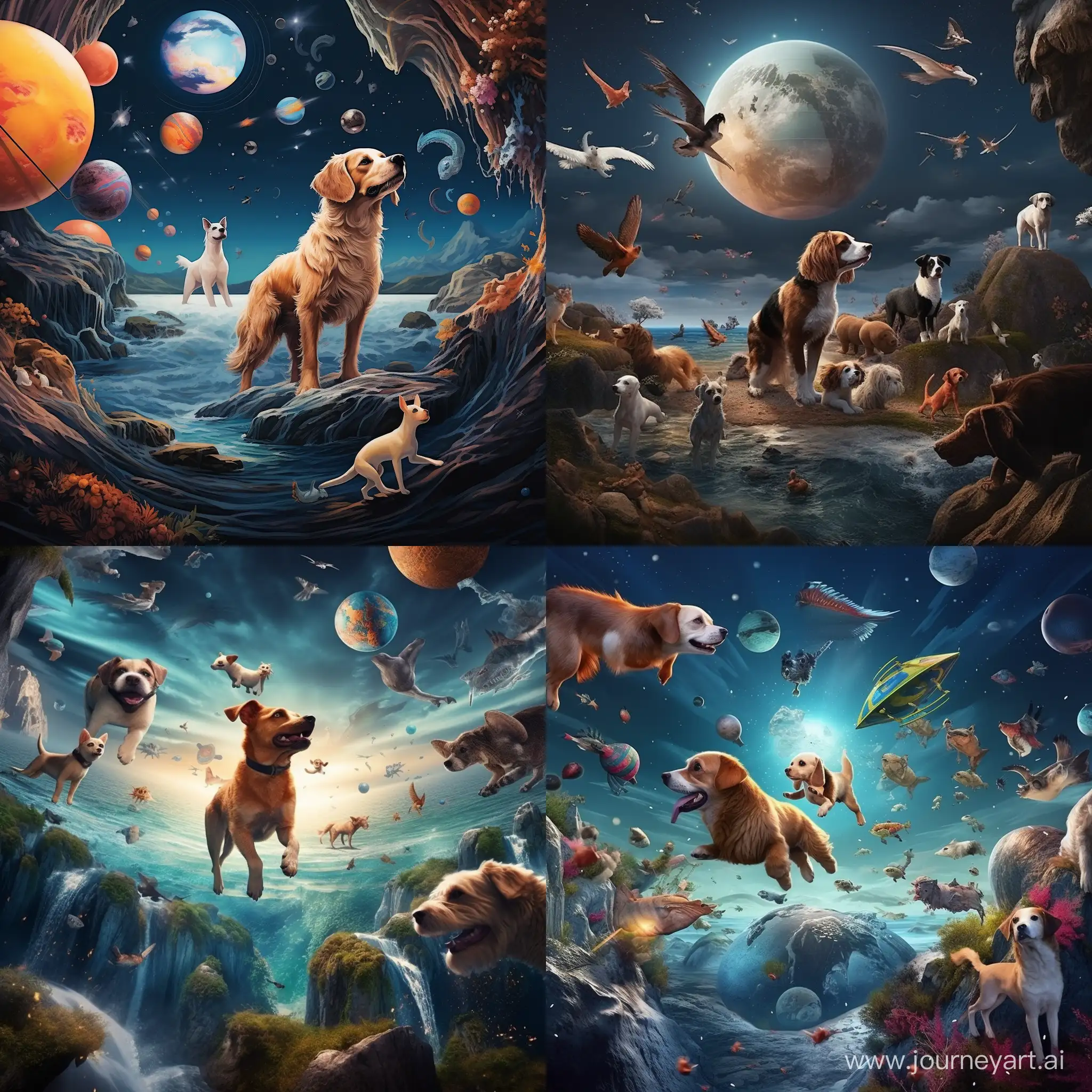 Celestial-Harmony-Flying-Dogs-Amidst-Earth-Sea-and-Planets