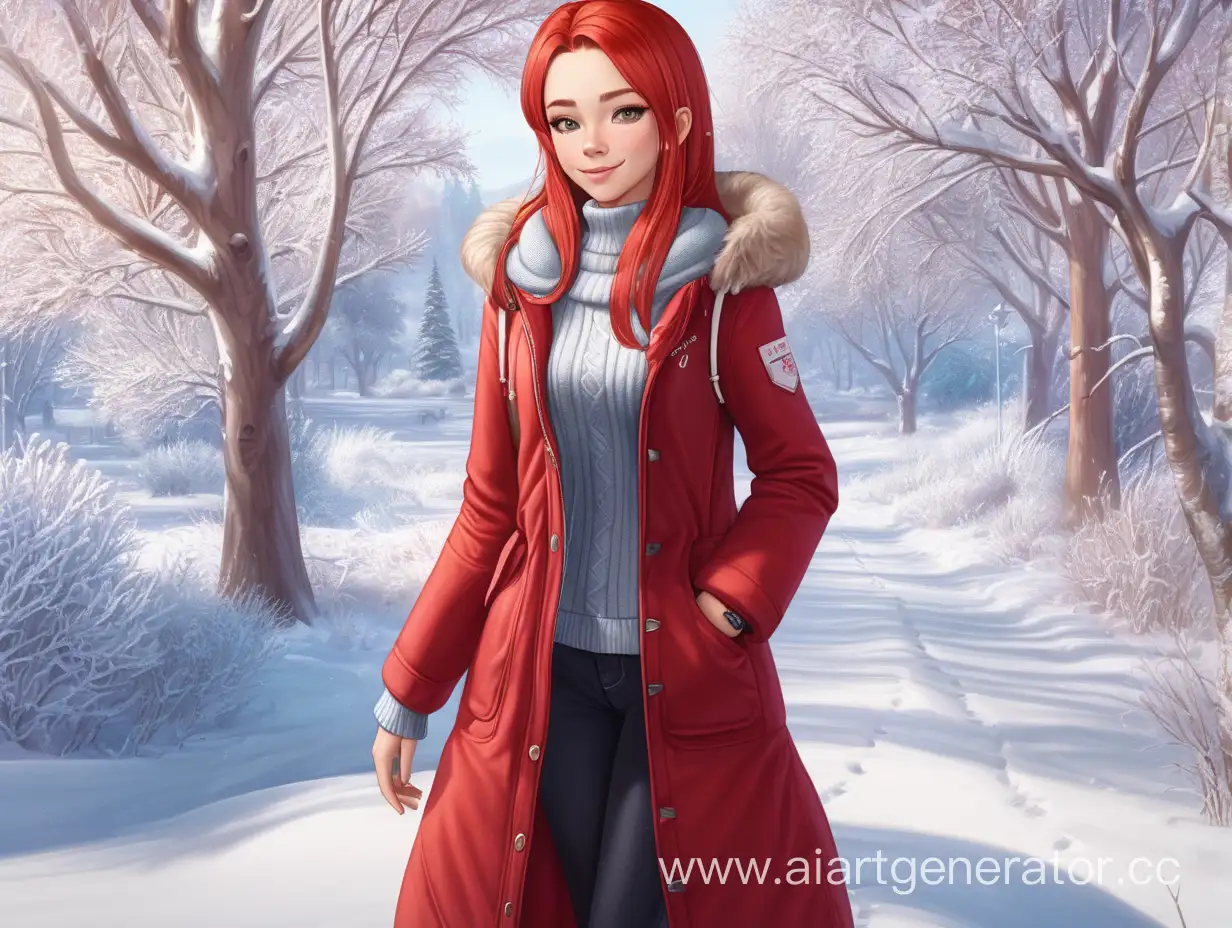 Взрослая Ульяна из игры Бесконечное Лето, зимой, в полный рост. Красные волосы, красная одежда, стройное тело, весёлое лицо.