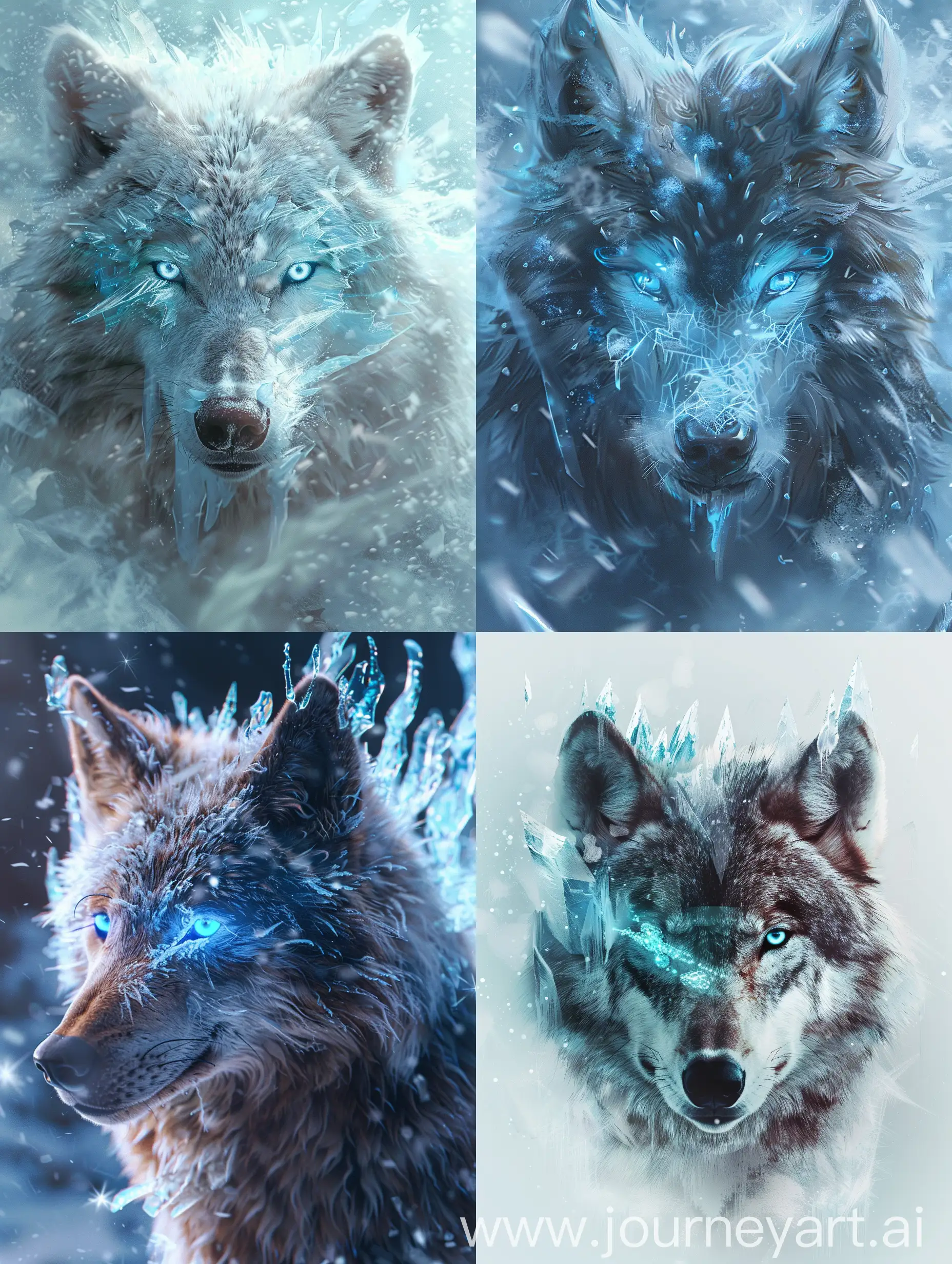 a magic intelligent wolf with blue eyes made of ice 