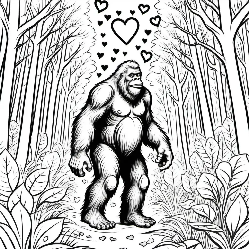 Bigfoot Celebrates Valentines Day Surrounded by Heart Trees