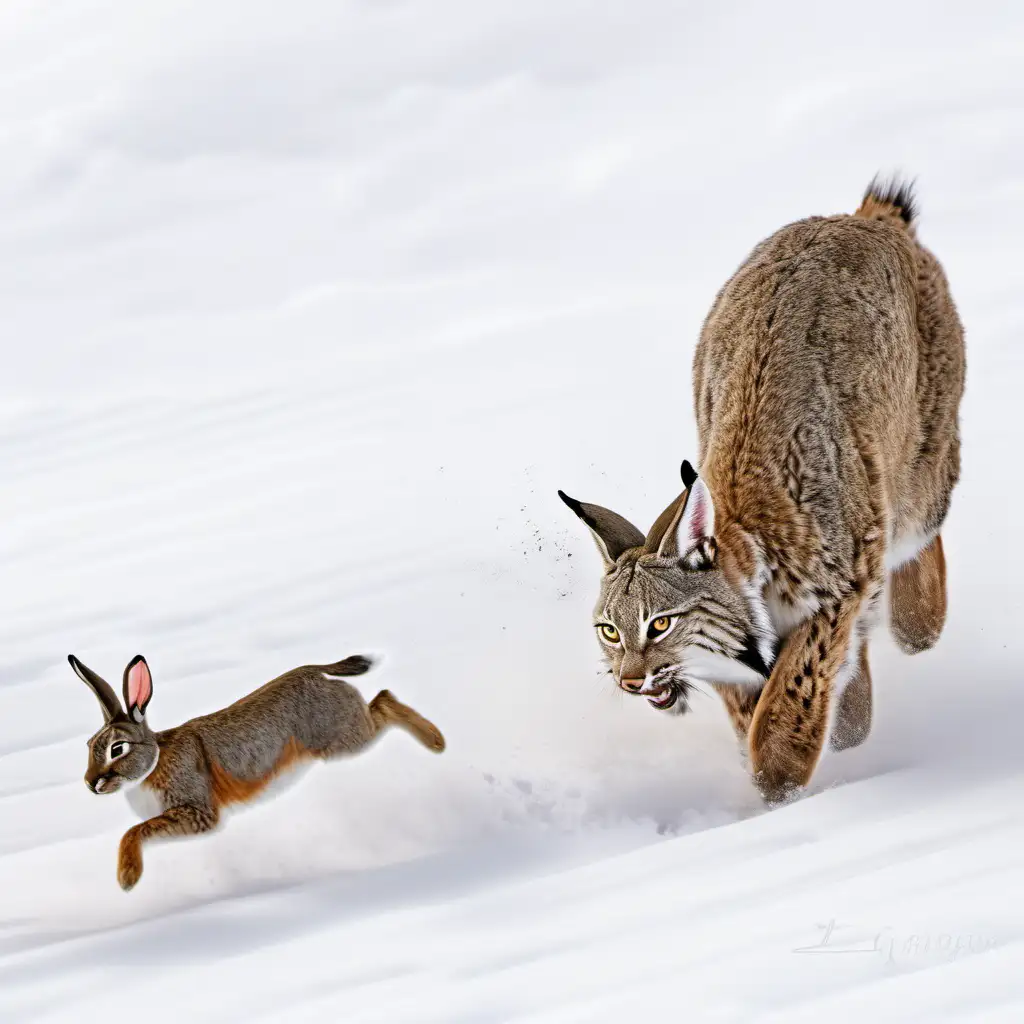 Golden Hour Realistic Scene Bobcat Chasing Rabbit in Snow
