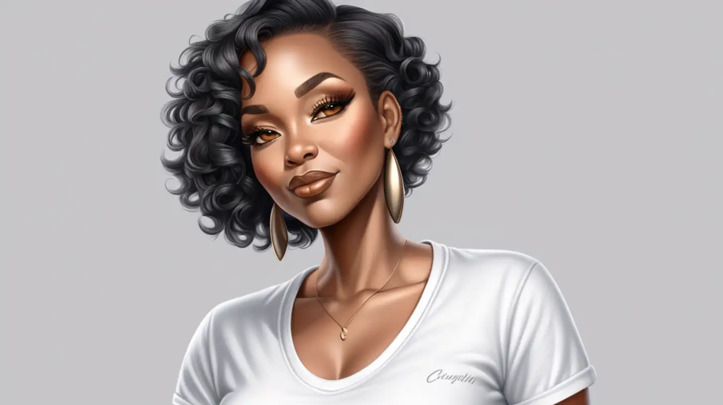 envision hyper realistic, chibi-style, a mature, beautiful, stylish, sophisticated, black woman, impeccable make-up, dressed in white t-shirts and jeans
