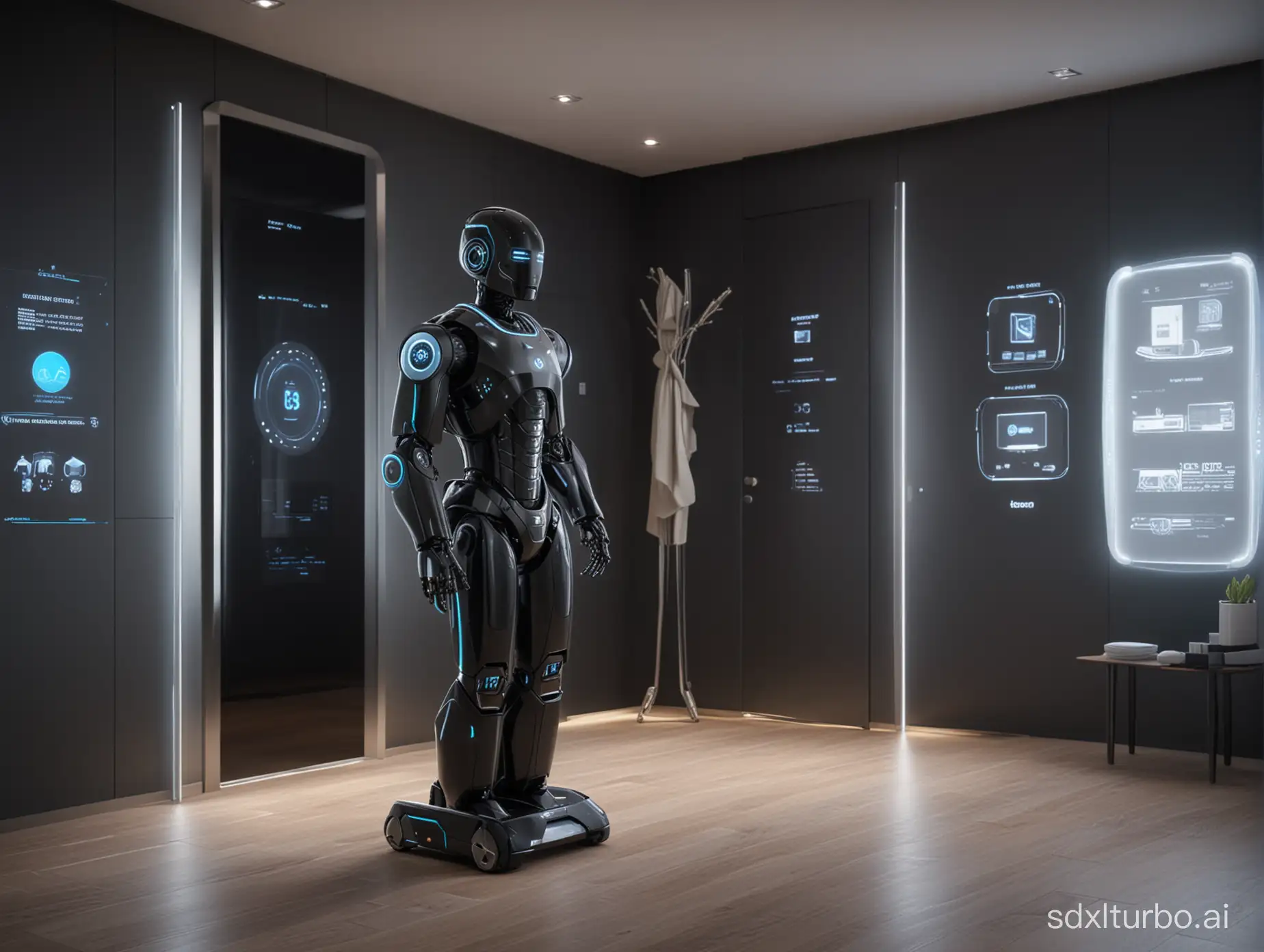 In a futuristic smart home, an advanced robot butler is managing the daily household tasks with precision and efficiency. Its sleek and modern design features an anti-scratch black metallic exterior with multicolored indicator lights and a high-tech touch screen interface on its body. The robot butler's face is a dynamic display screen that can show various emotions and expressions for warm interactions with family members. Its multi-jointed arm design allows it to handle a variety of complex household chores, from preparing meals to tidying up the rooms. In this sci-fi scene, the holographic projections on the walls, the automatically adjusting environmental control systems, and the silently sliding doors together create an efficient and comfortable living