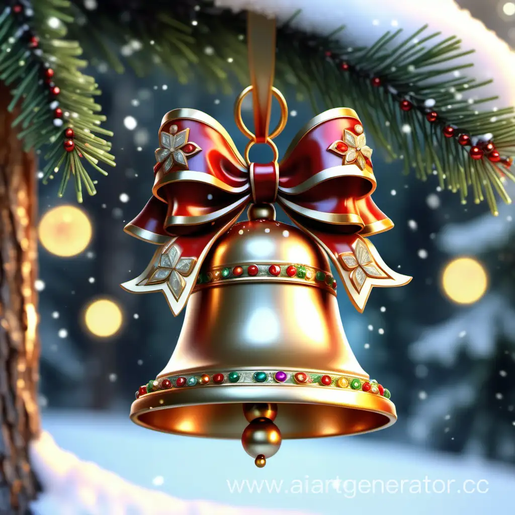 
Christmas bell hanging on a spruce branch, beautiful bow, bright, light, golden metal, relief ornaments and patterns and inlaid with precious stones, New Year's background, bokeh, spruce branches, snow high detail, realistic quality, reflections and reflexes on the bell, volume, 4K