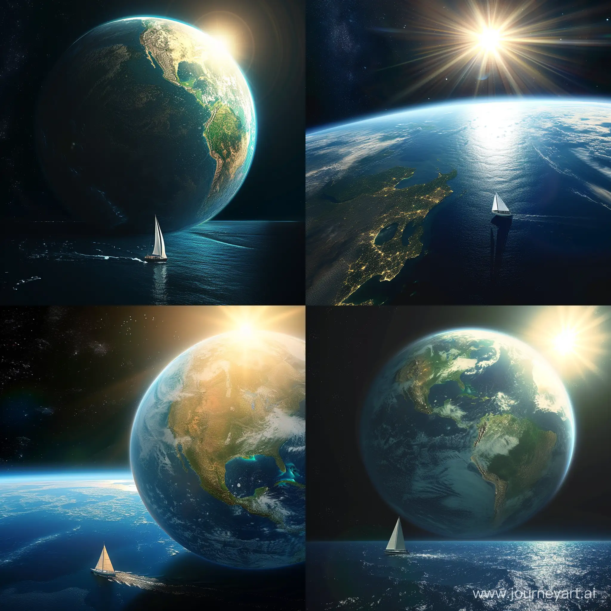 Generate an image of the Earth seen from space, with a beautifully rendered boat sailing on an ocean at the lower part of the composition. The sunlight highlights the Earth's features, and the boat adds a touch of realism and connection to the vastness of space.