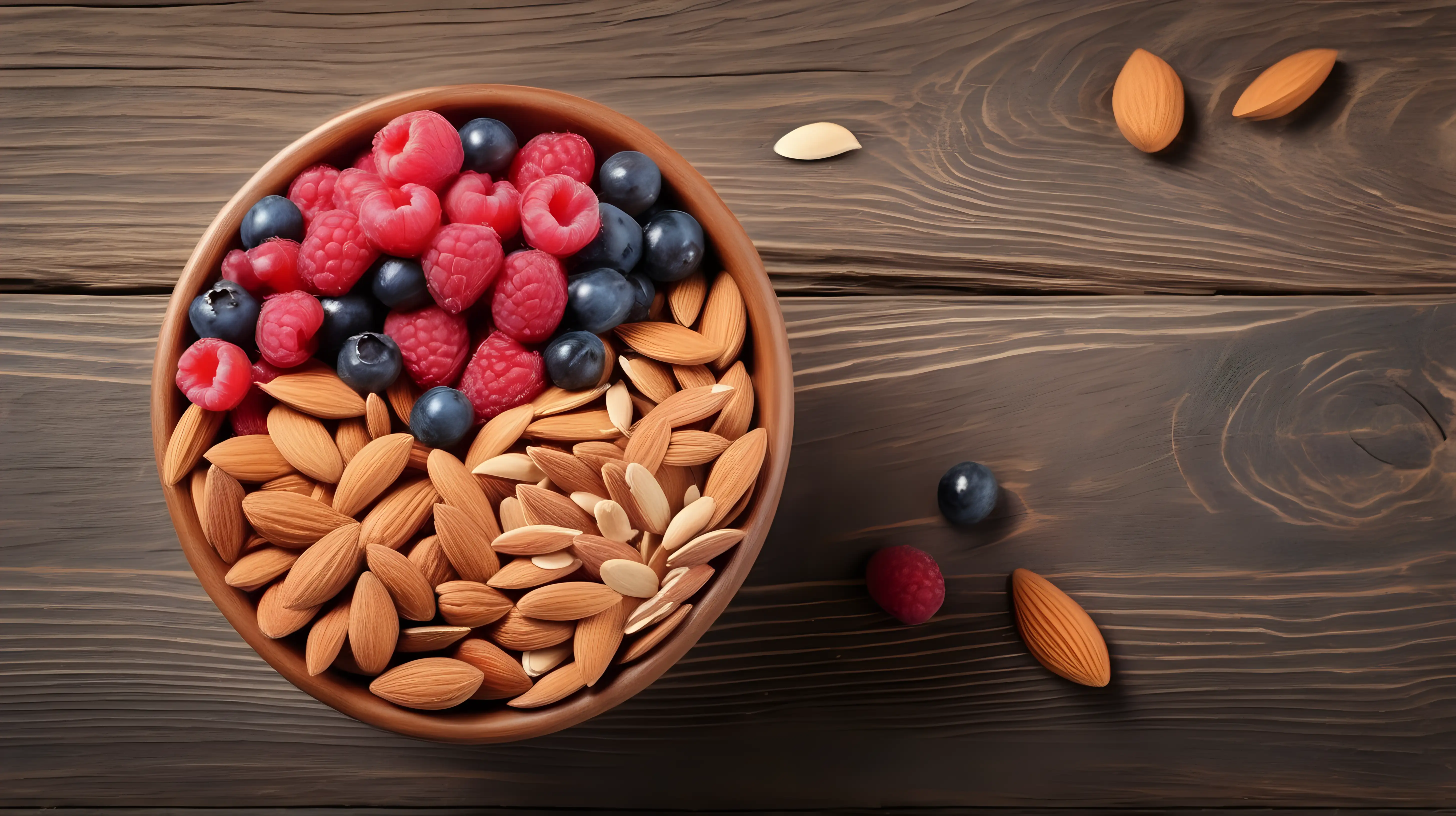 fruit berry and almond, Grains in bowl on wooden background, copy space