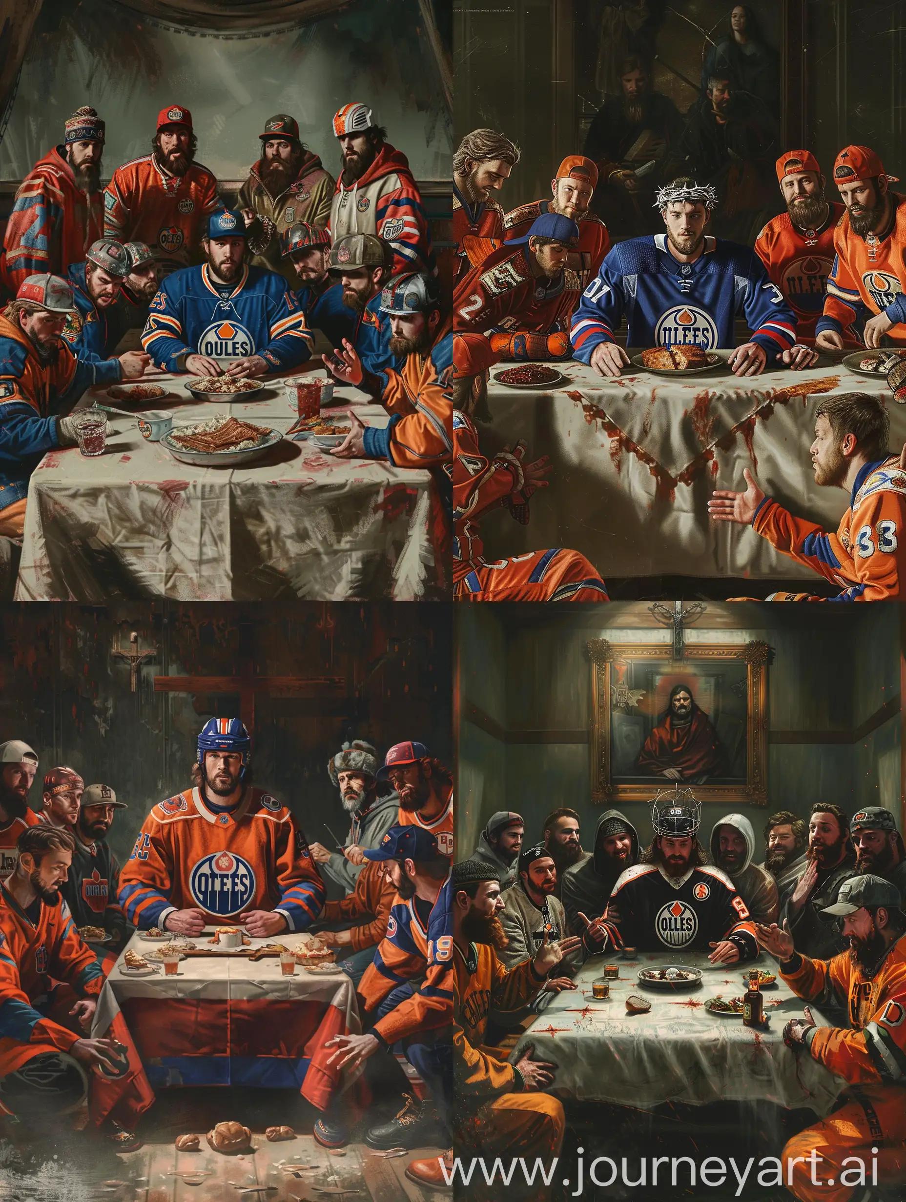 high resolution version of the last supper but it is connor mcdavid as jesus and then other edmonton oilers around the table