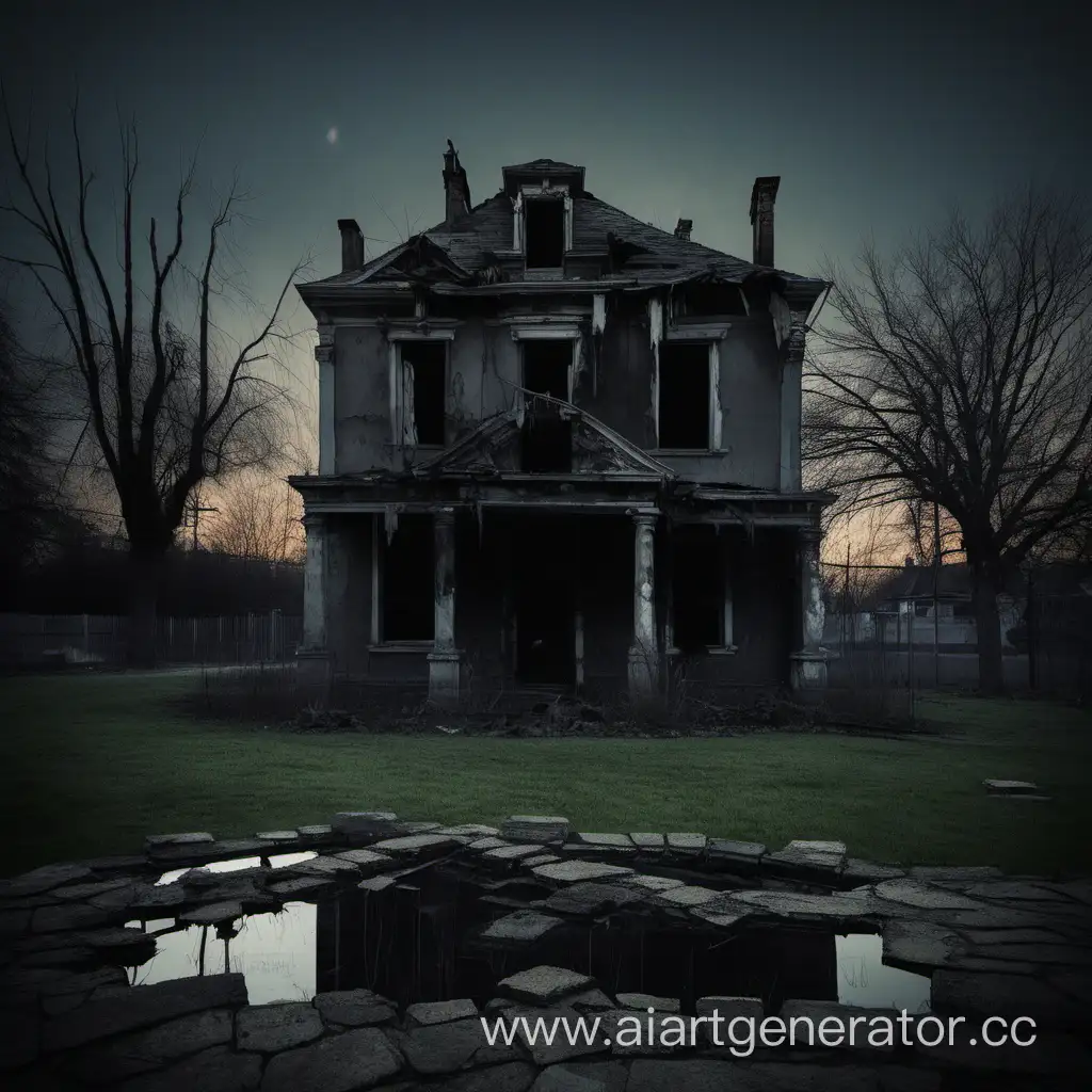 Темное время суток, старый, разваливающийся дом у фонтана