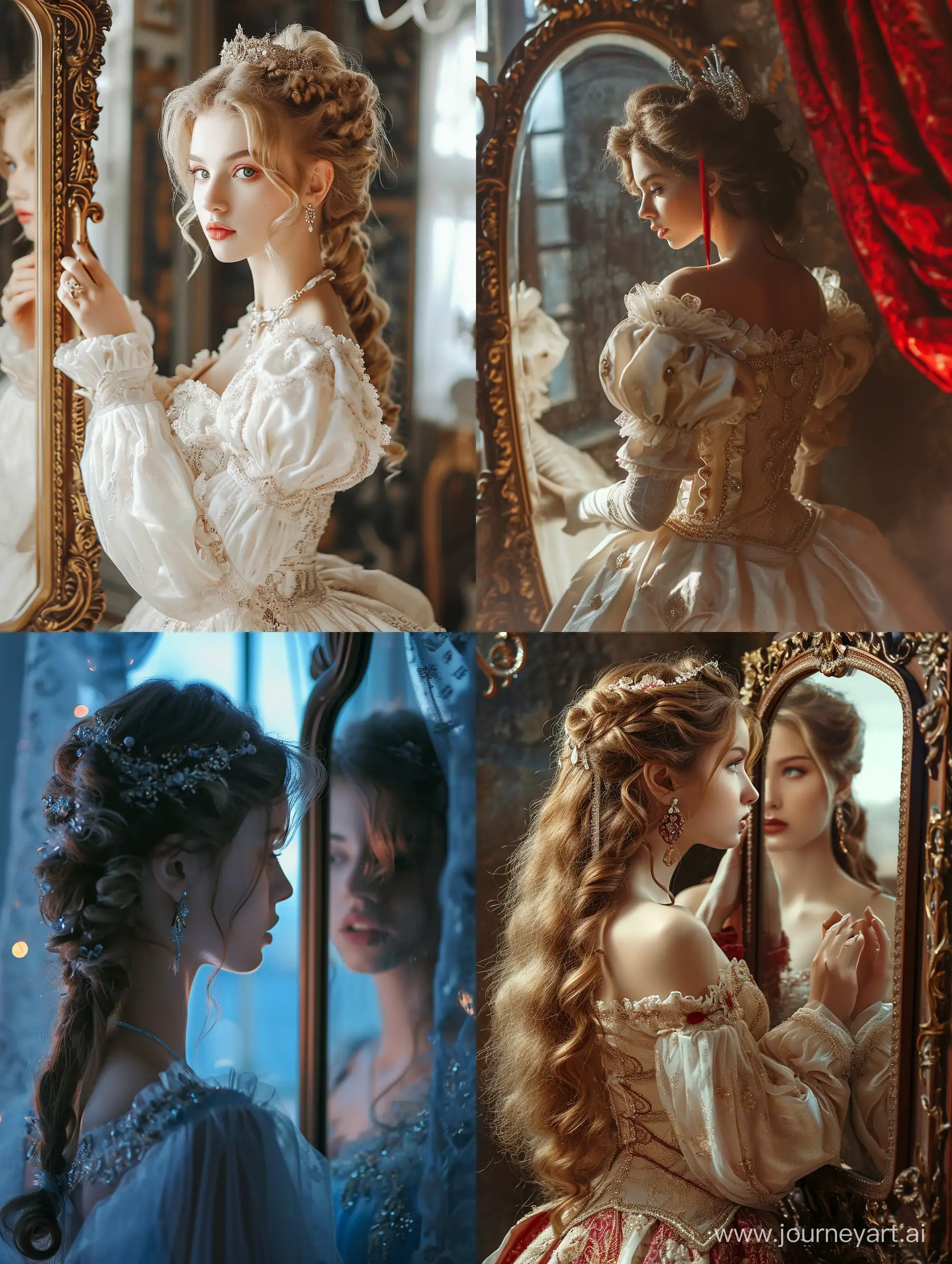 European-Princess-Admiring-Herself-in-Ornate-Mirror