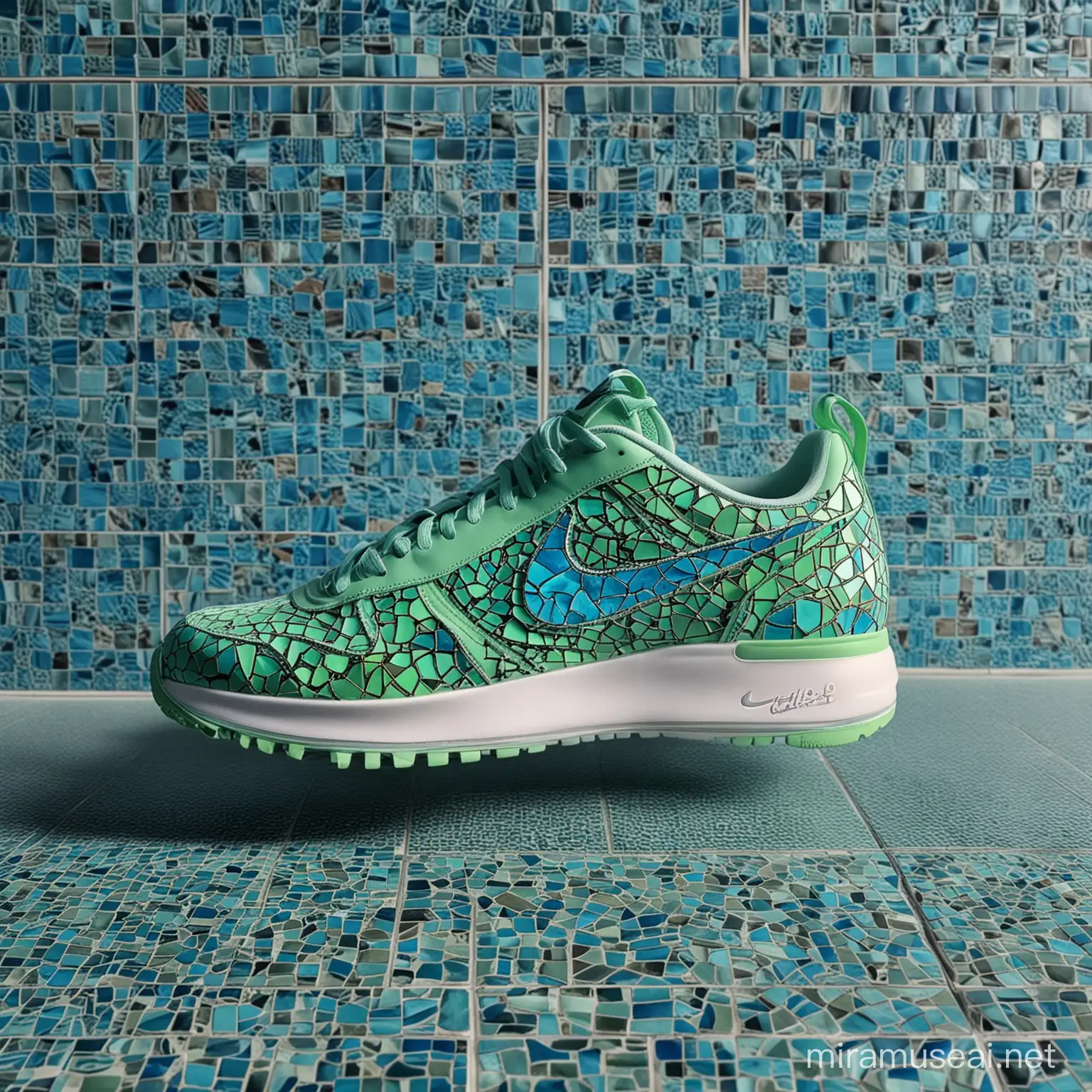 an ultra modern neon green sneakers classic nke air nike style. with shadow. moroccan  blue mosaic tiles background background.