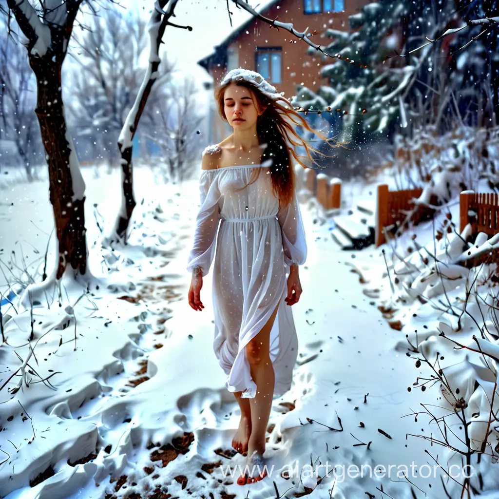 девочка в лёгком платье идёт босиком по снегу, зима, метель, снег на волосах, лицо