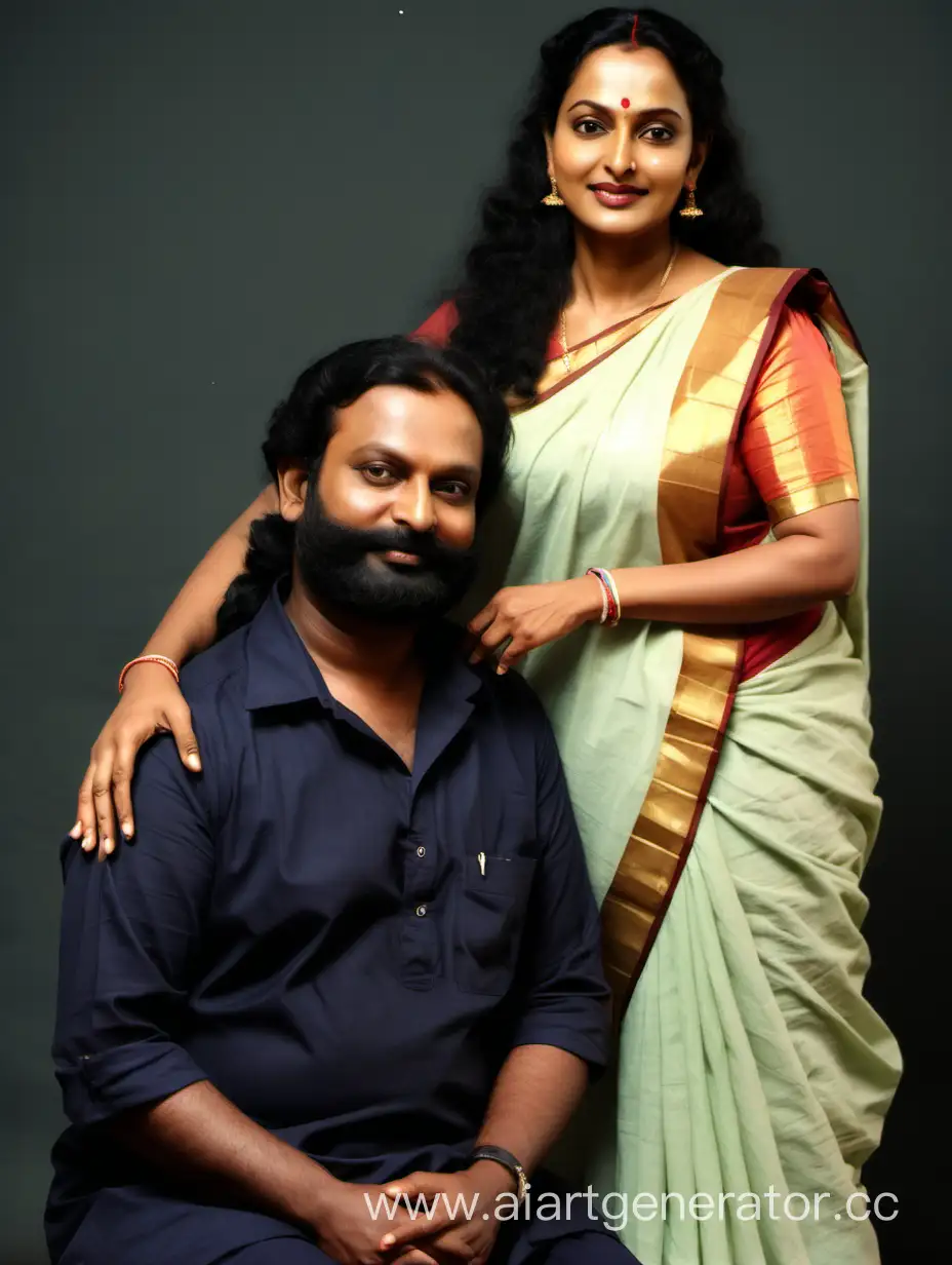 Full body image of A 45 years old kerala woman who looks exactly like malayalam movie actress Swetha menon. The woman has very long hair. The woman posing for a family photo with her son. 