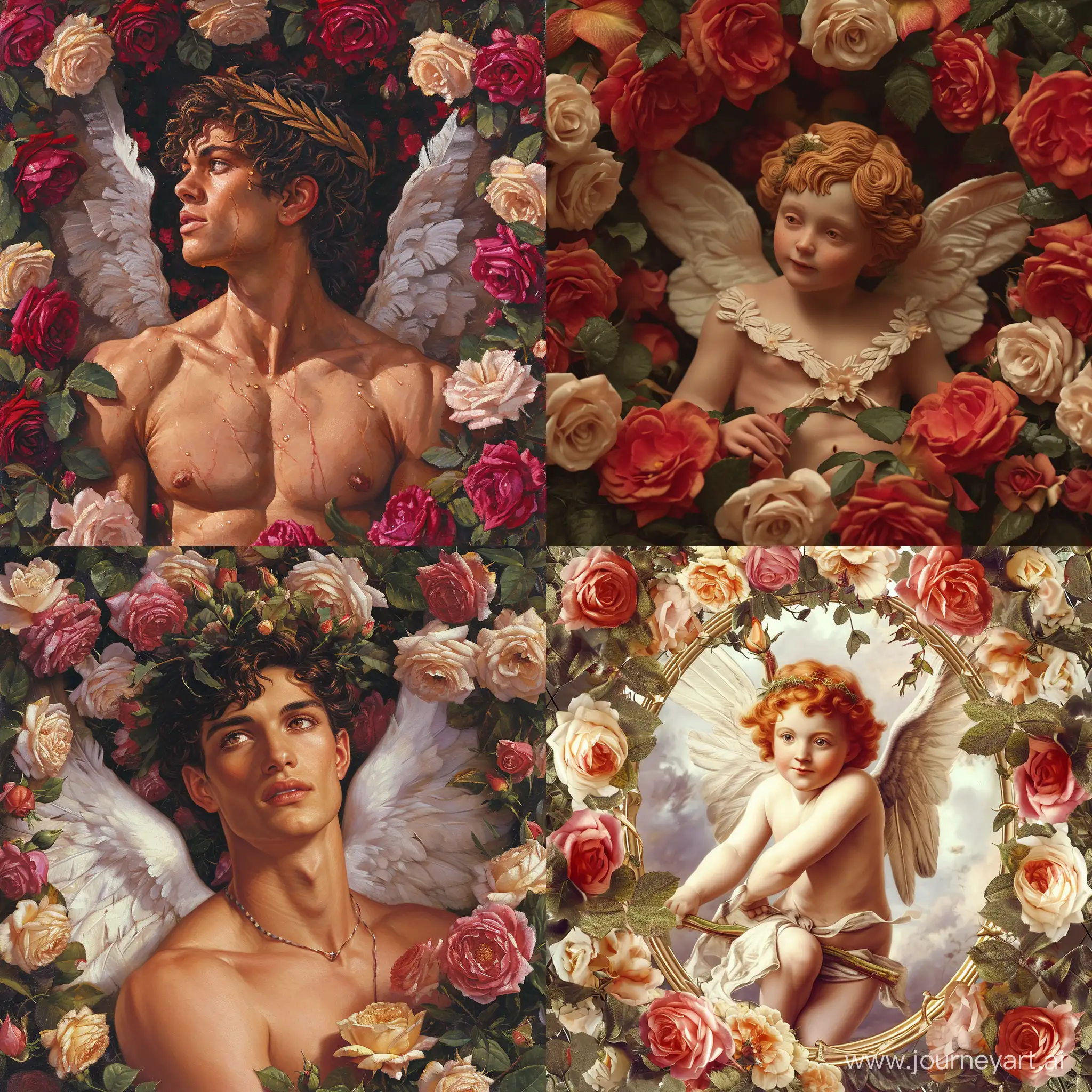 Handsome adult Cupid surrounded by roses
