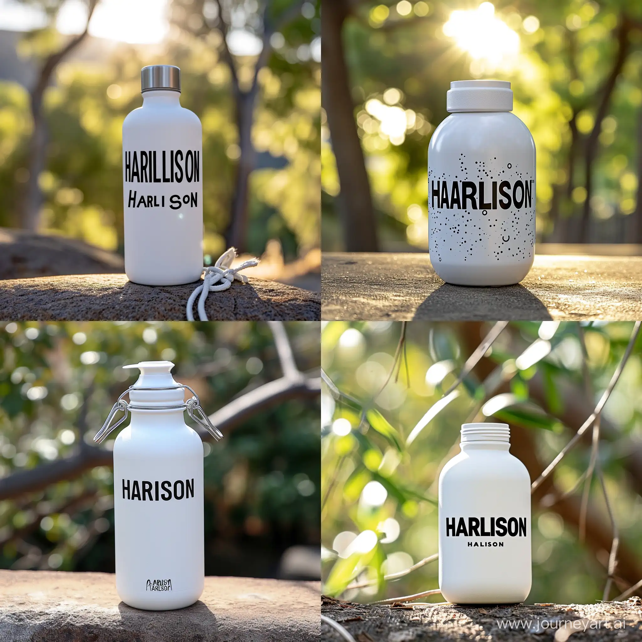 white gym bottle with text “HARLISON”, sun light, day, --v 6