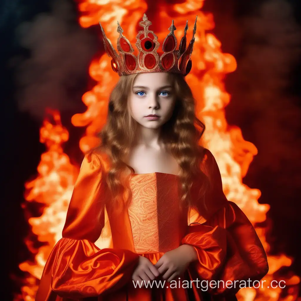 Девочка в образе стихии огня 14 лет, в красивом длинном оранжевом платье с украшениями с длинным и пышным рукавом, на голове красивая красная корона, большие красные глаза, на фоне огонь 